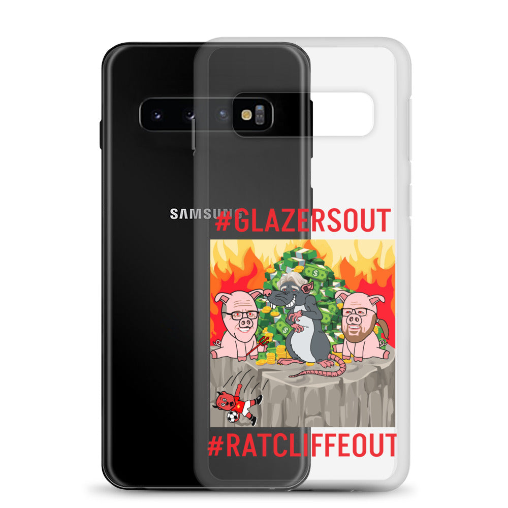 Next Cult Brand black Samsung case with Manchester United phone case design featuring #GLAZERSOUT and #RATCLIFFEOUT graphics