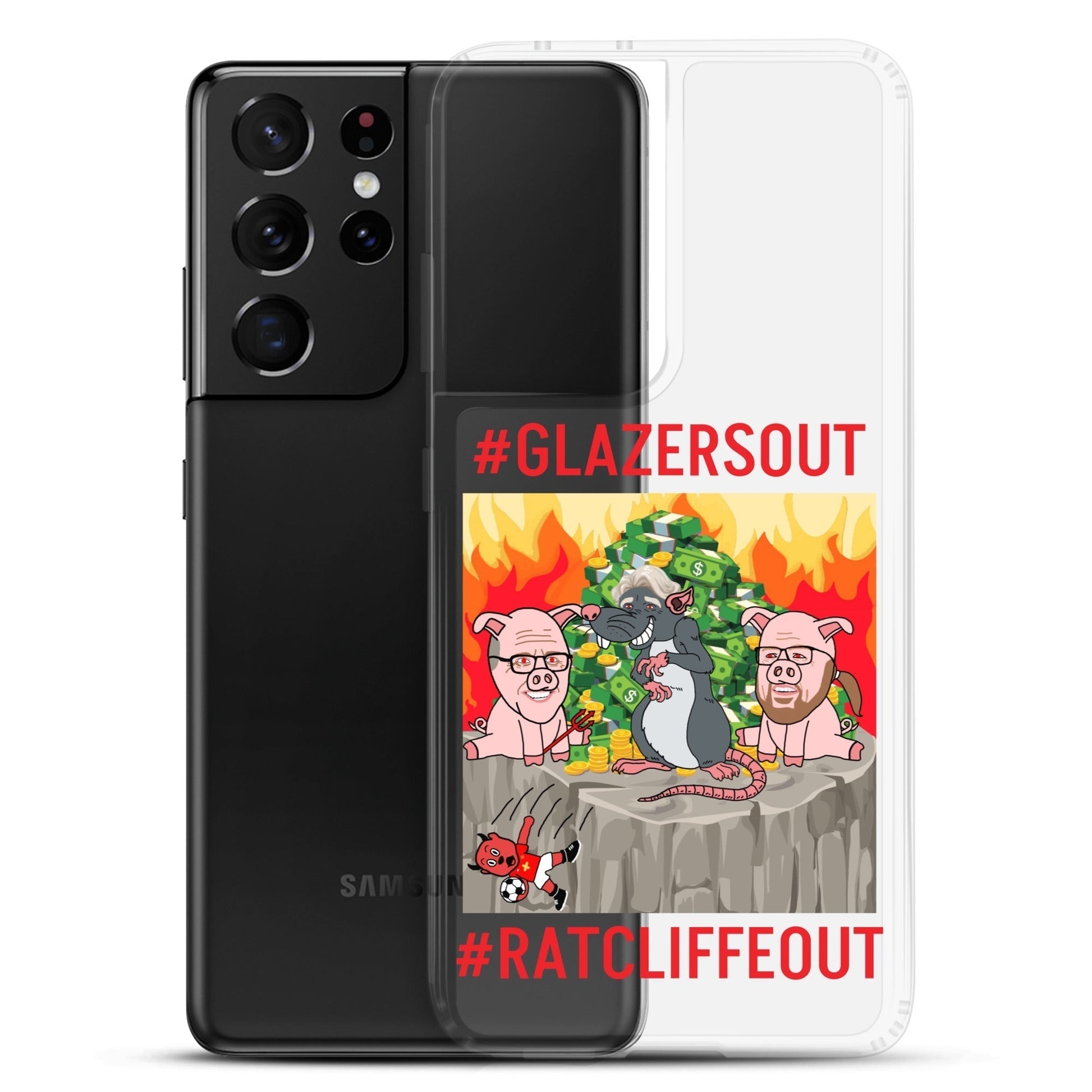 Next Cult Brand Manchester United phone case with #GlazersOut and #RatcliffeOut protest design