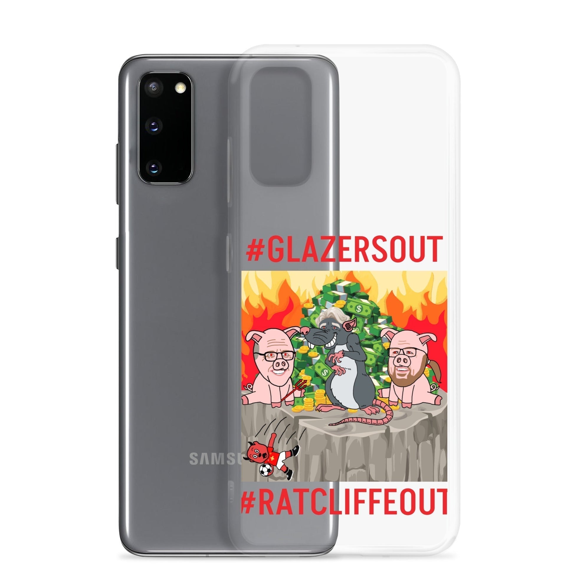 Next Cult Brand Manchester United phone case with #GlazersOut and #RatcliffeOut design featuring pigs and rat graphic