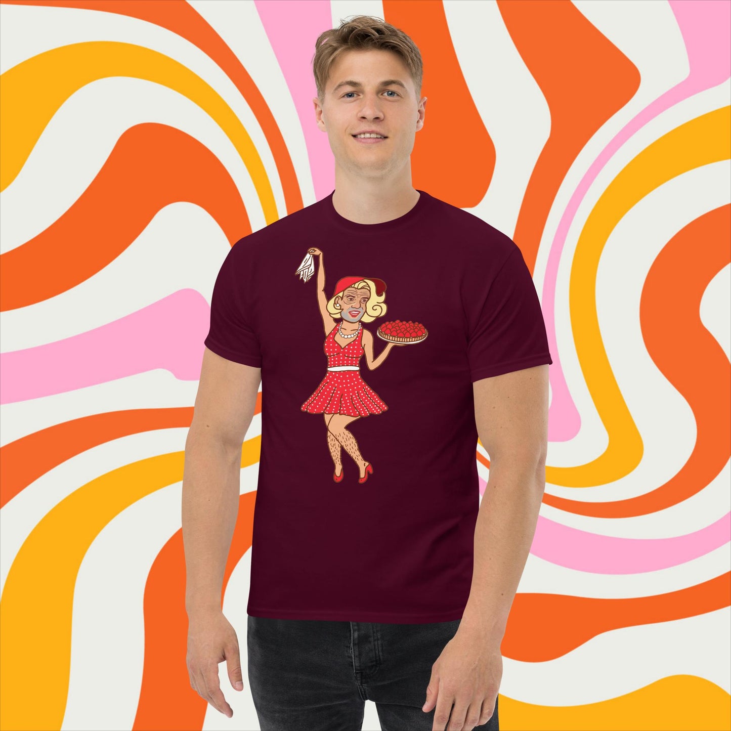 Thinnn Boy Bake Club The Fighter and The Kid TFATK Podcast Comedy 60s retro housewife Bryan Callen T-shirt Maroon T-shirts Bryan Callen Podcasts Stand-up Comedy The Fighter and The Kid (TFATK) Thinnn Boy Bake Club Next Cult Brand