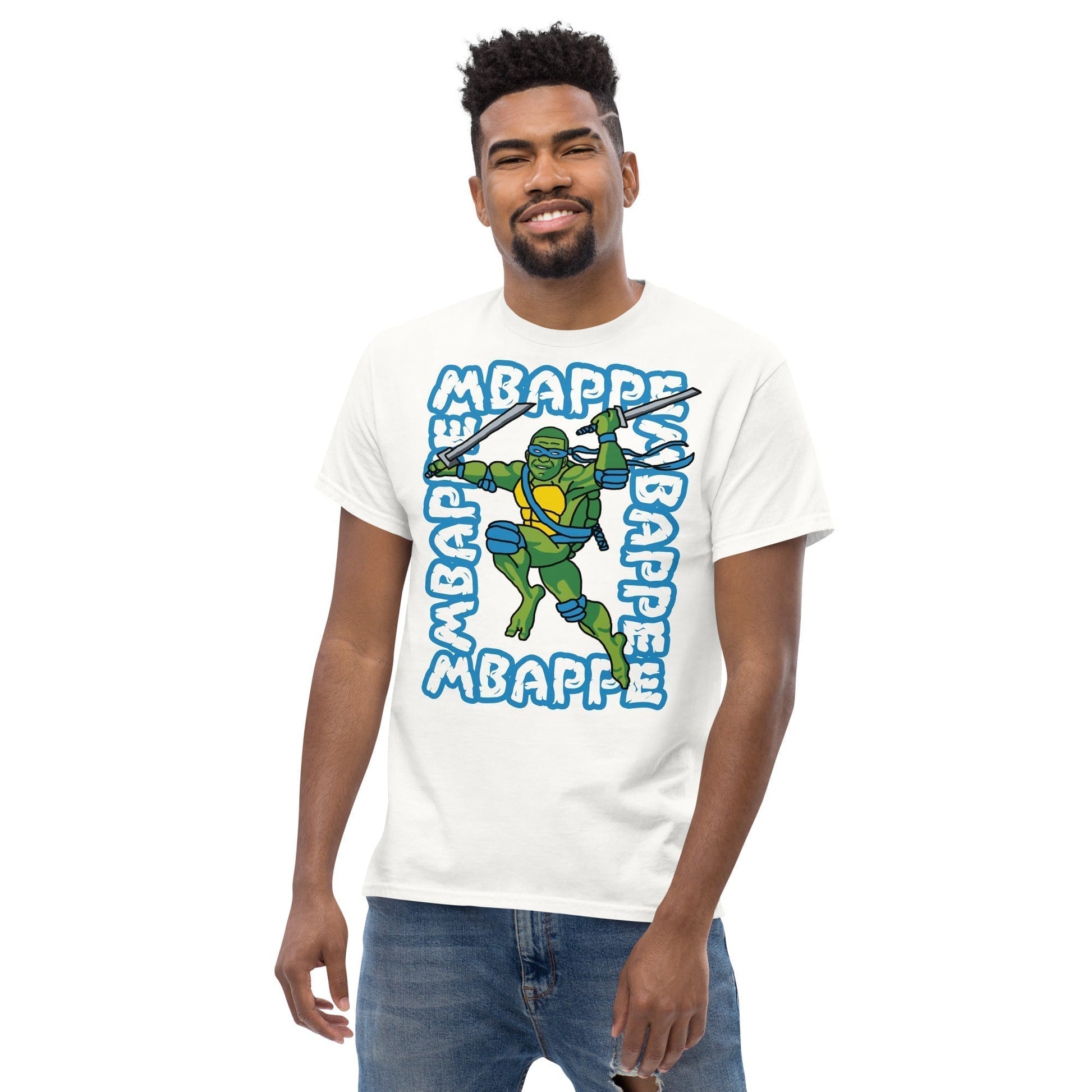 Kylian Mbappe Blue Ninja Turtle Leonardo Men's classic tee White T-shirts Football Kylian Mbappe Ninja Turtles PSG Real Madrid Next Cult Brand