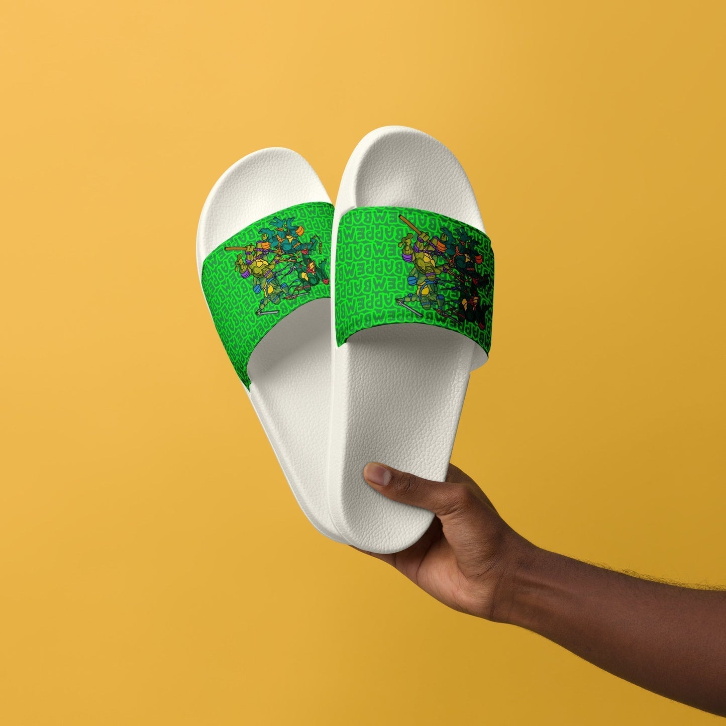 Kylian Mbappe Ninja Turtles funny football/ soccer meme Men’s slides green Next Cult Brand Football, Kylian Mbappe, Ninja Turtles, PSG