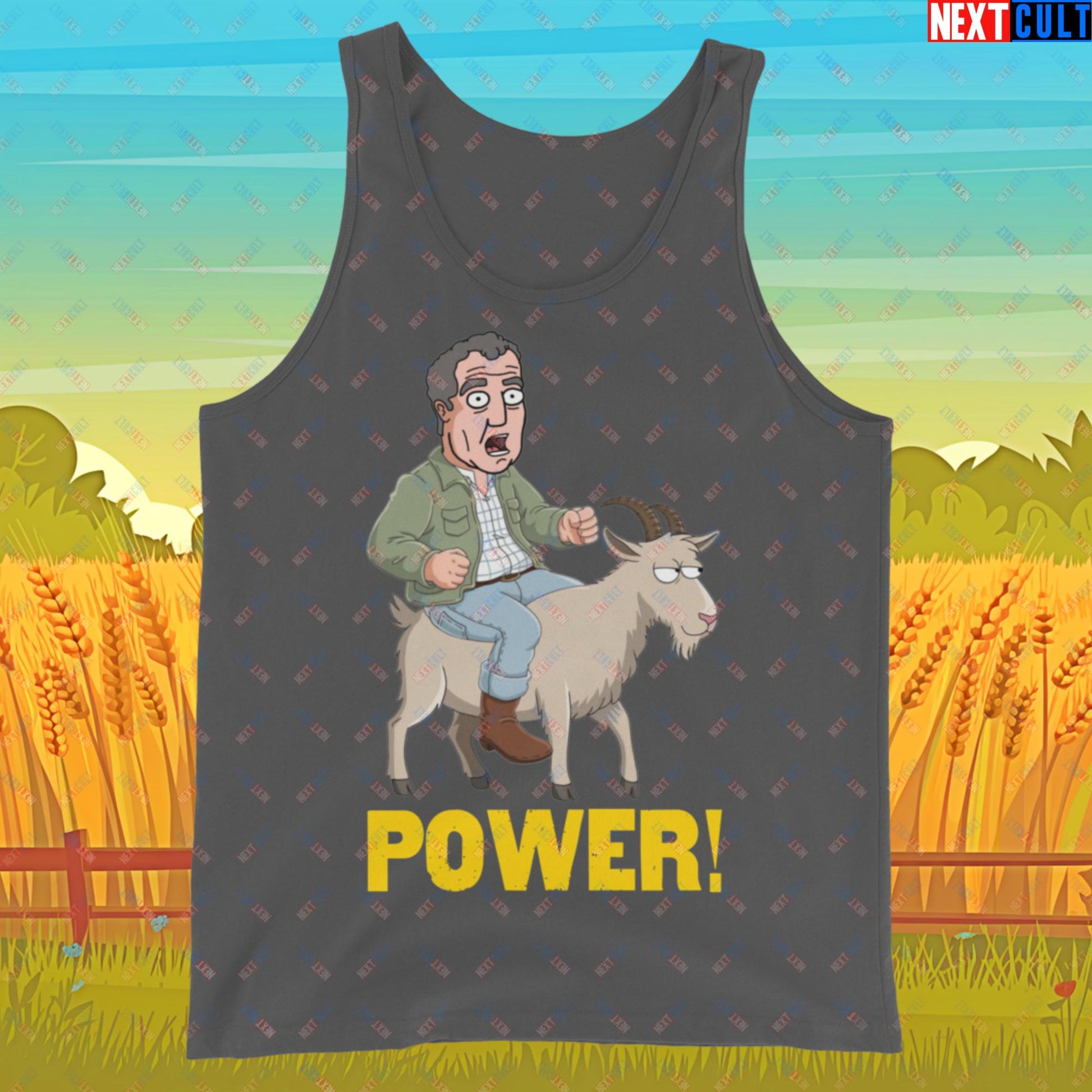 Speed and Power Goat Jeremy Clarkson's Farm Diddly Squat Grand Tour Top Gear Funny Meme Cartoon Tank Top Asphalt Tank Tops Clarkson's Farm Grand Tour Jeremy Clarkson Top Gear TV Shows Next Cult Brand