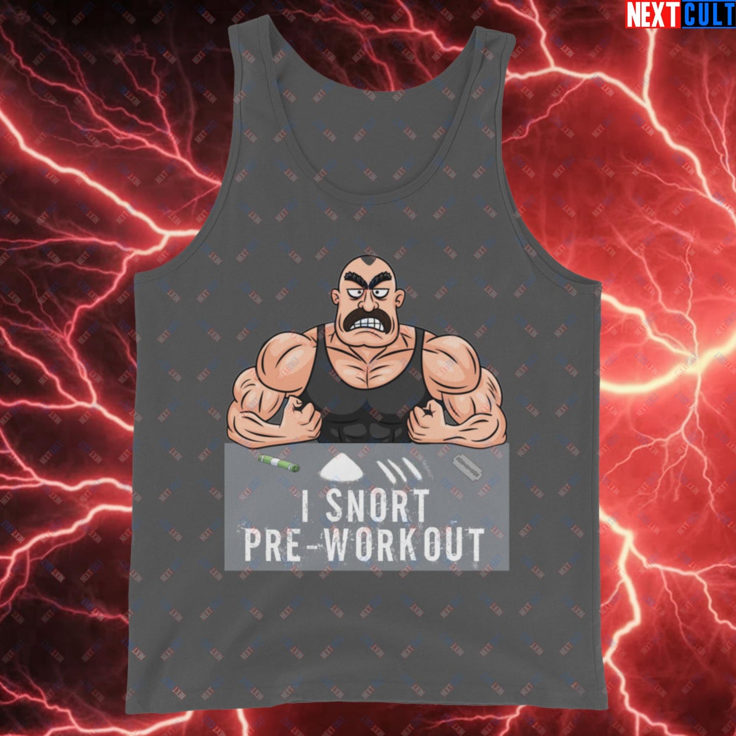 I Snort Pre-workout Gym Bro Fitness Bodybuilding Workout Weightlifting Powerlifting Funny Meme Cartoon Tank Top Asphalt Tank Tops Fitness Gym Workout Next Cult Brand