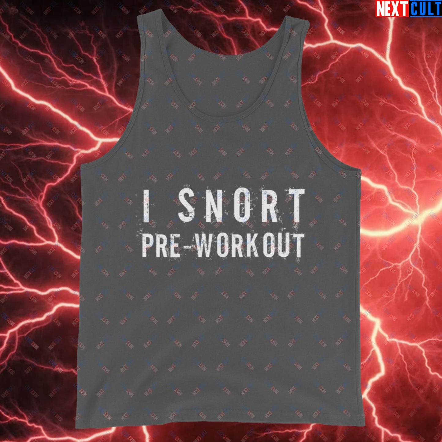 I Snort Pre-workout Gym Bro Fitness Bodybuilding Workout Weightlifting Powerlifting Funny Meme Tank Top Asphalt Tank Tops Fitness Gym Workout Next Cult Brand