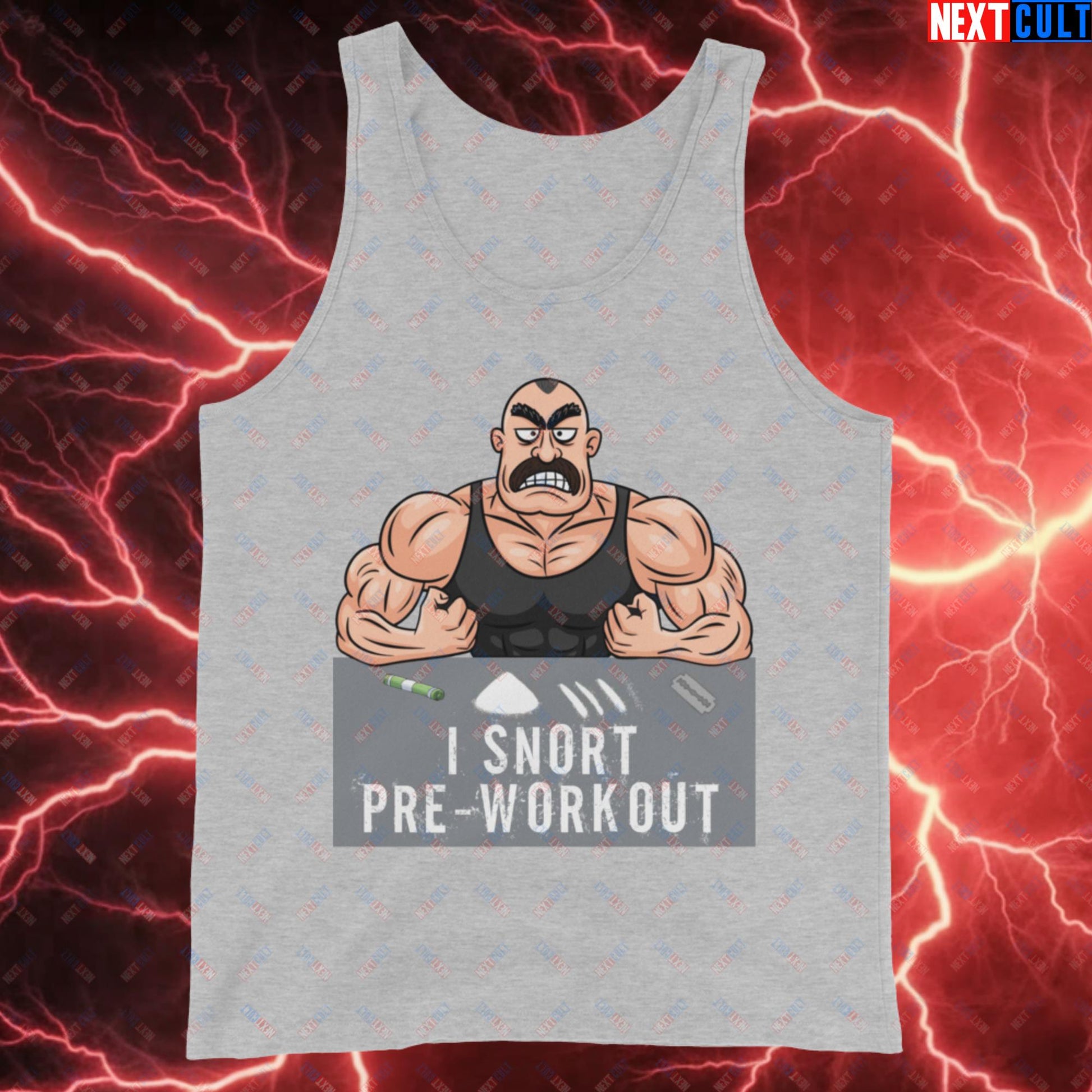 I Snort Pre-workout Gym Bro Fitness Bodybuilding Workout Weightlifting Powerlifting Funny Meme Cartoon Tank Top Athletic Heather Tank Tops Fitness Gym Workout Next Cult Brand