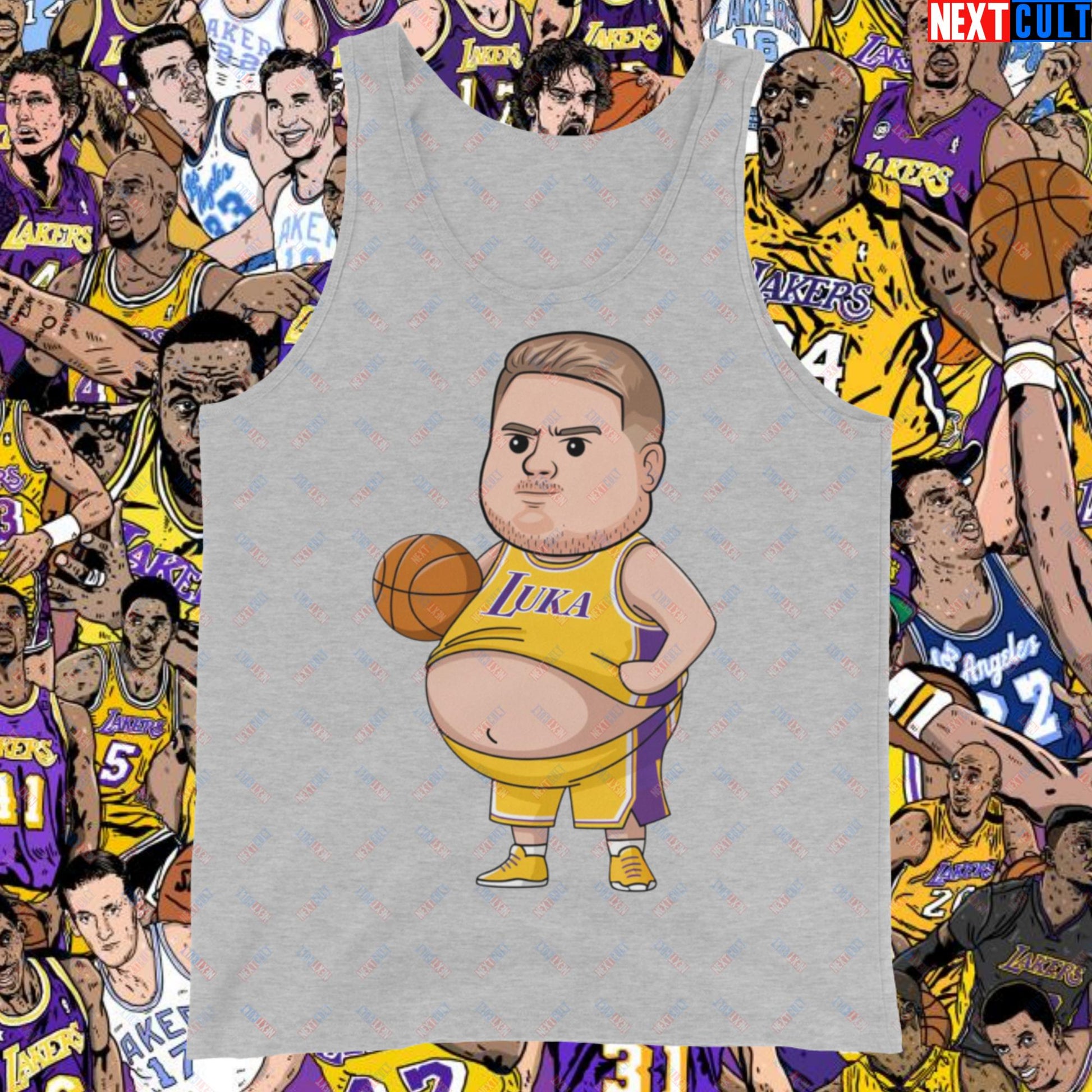 Fat Luka Doncic Los Angeles Lakers NBA Basketball Funny Meme Cartoon Tank Top Athletic Heather Tank Tops Basketball Los Angeles Lakers Luka Doncic NBA Next Cult Brand