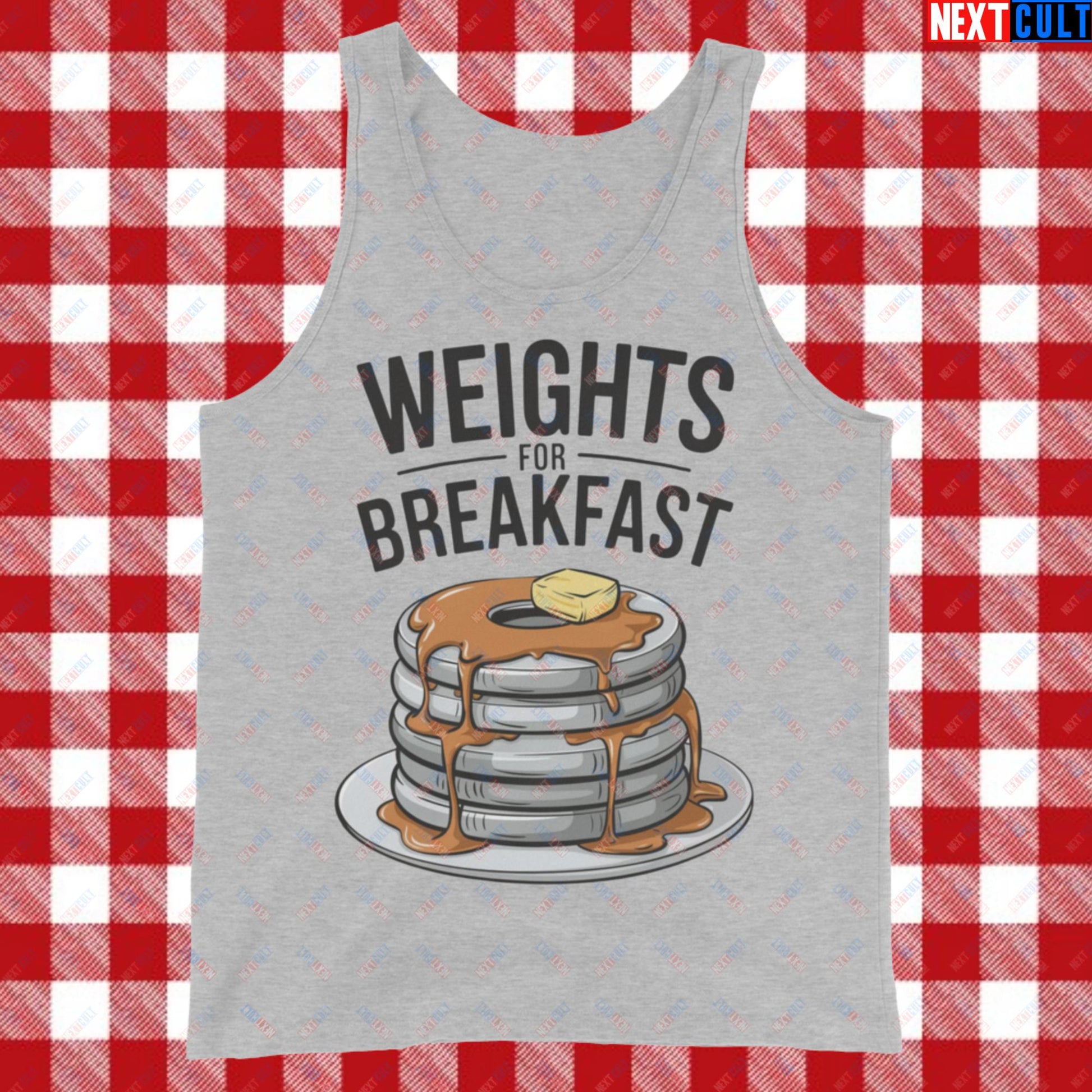 Weights For Breakfast Pancake Weights Funny Gym Workout Fitness Lifting Meme Cartoon Tank Top Athletic Heather Tank Tops Bodybuilding Bulking Fitness Gym Workout Next Cult Brand