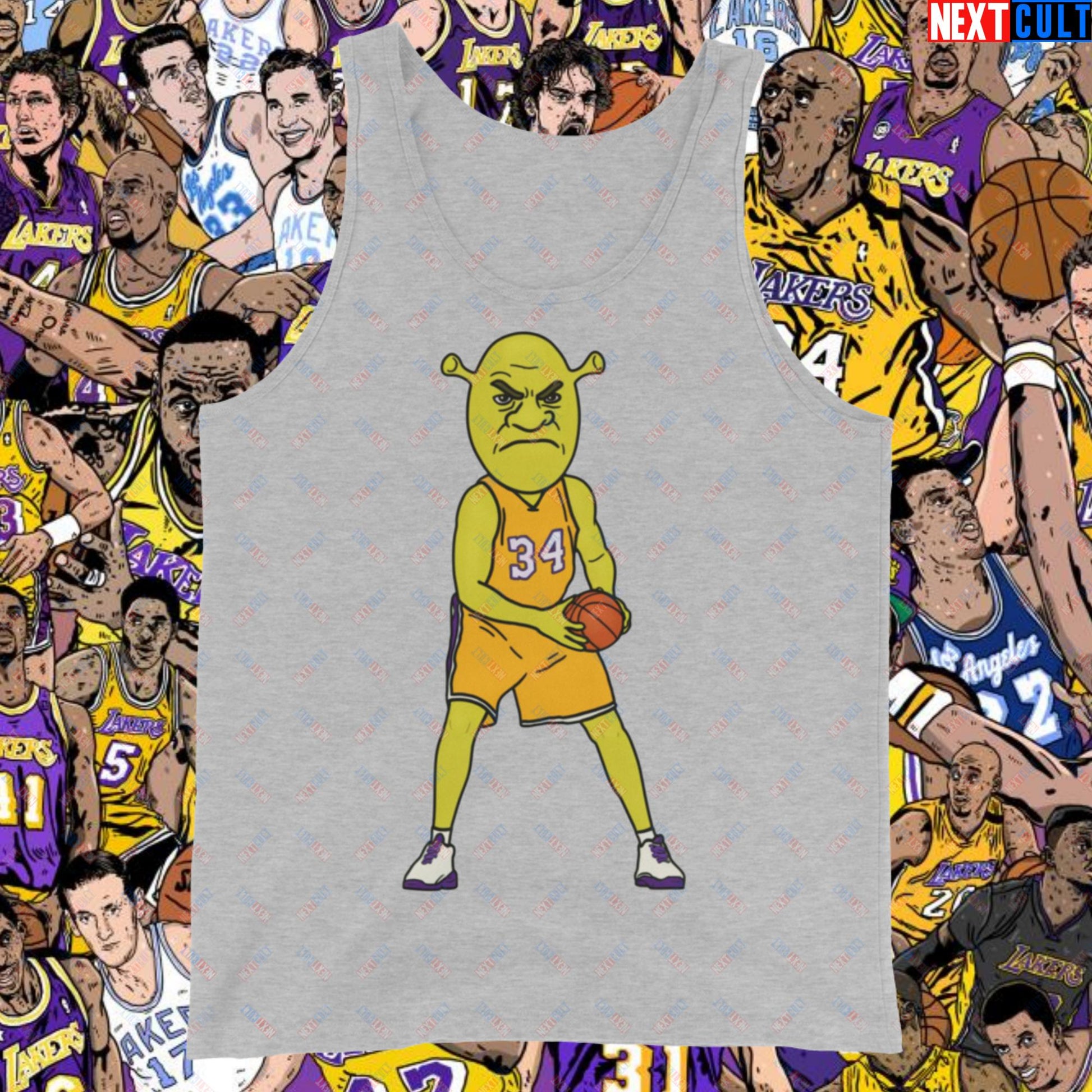 Shrequille O'Neal Tank Top - Shaquille O'Neal as Shrek Funny Basketball Meme Muscle Shirt - Perfect Gift for Basketball Fans and Shrek Lovers Tank Top Athletic Heather Mugs Basketball Los Angeles Lakers NBA Shaq Shrek Next Cult Brand