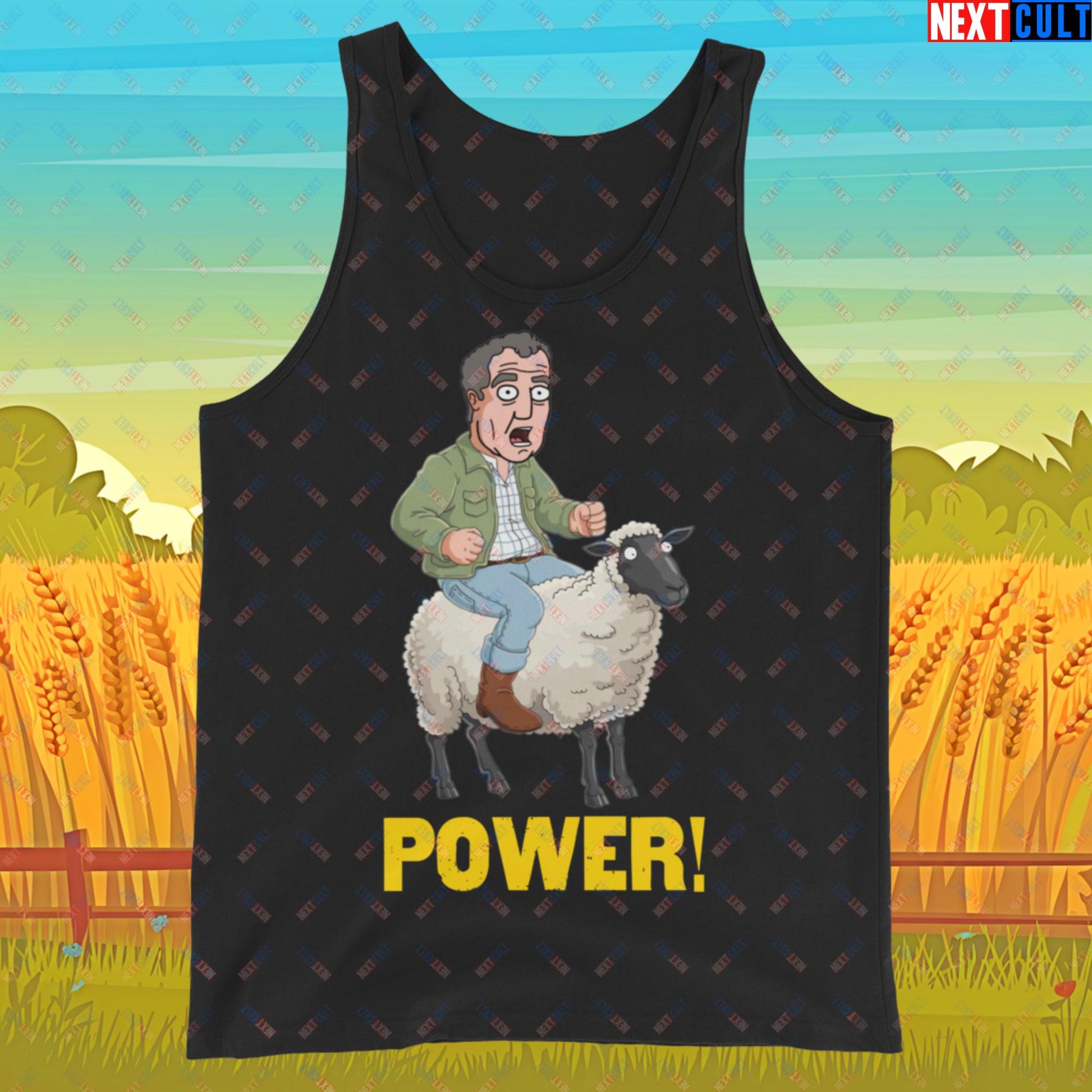 Power Sheep Jeremy Clarkson's Farm Diddly Squat Grand Tour Top Gear Funny Meme Cartoon Tank Top Black Tank Tops Clarkson's Farm Grand Tour Jeremy Clarkson Top Gear TV Shows Next Cult Brand