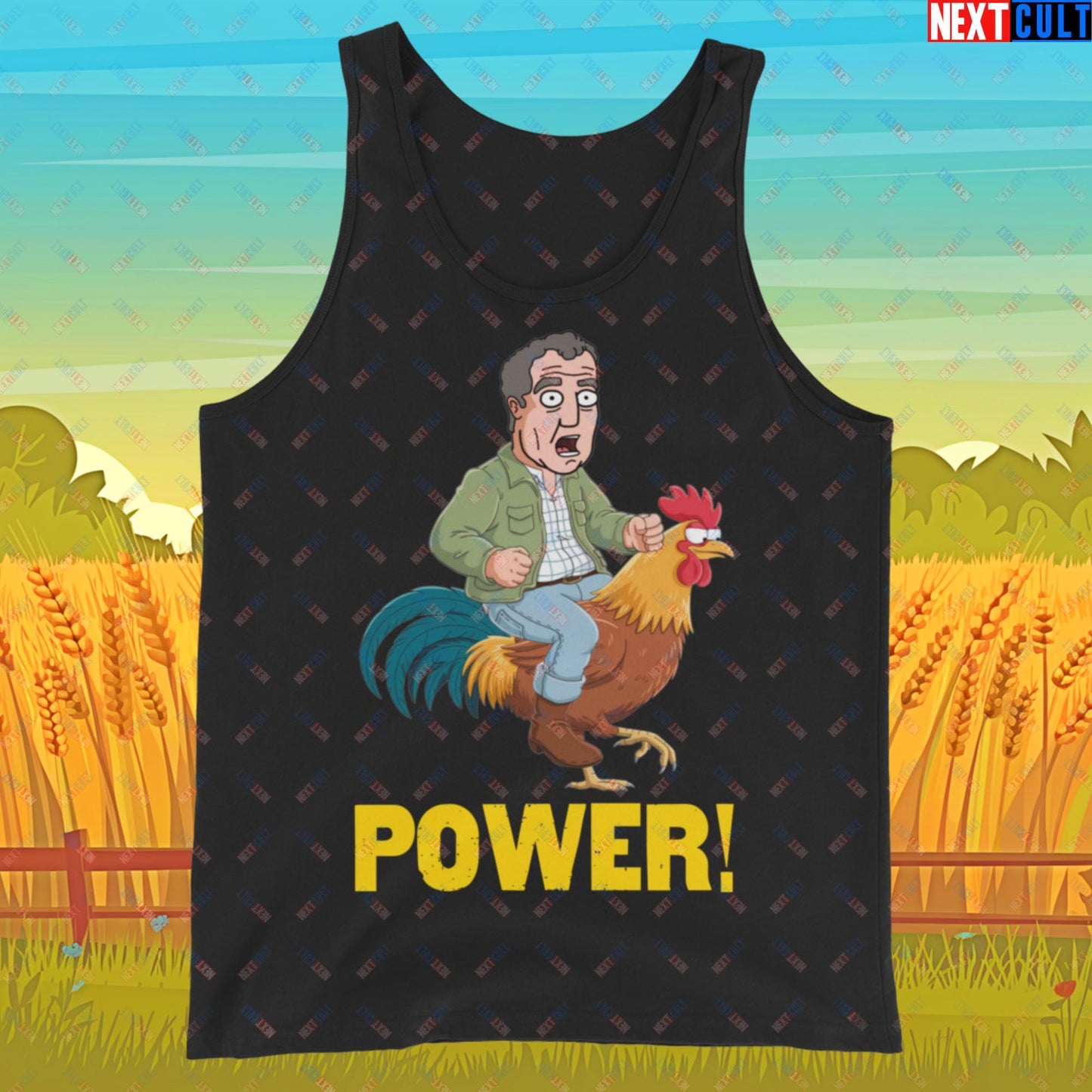 Power Rooster Chicken Farming Jeremy Clarkson's Farm Diddly Squat Grand Tour Top Gear Funny Meme Cartoon Tank Top Black Tank Tops Clarkson's Farm Grand Tour Jeremy Clarkson Top Gear TV Shows Next Cult Brand