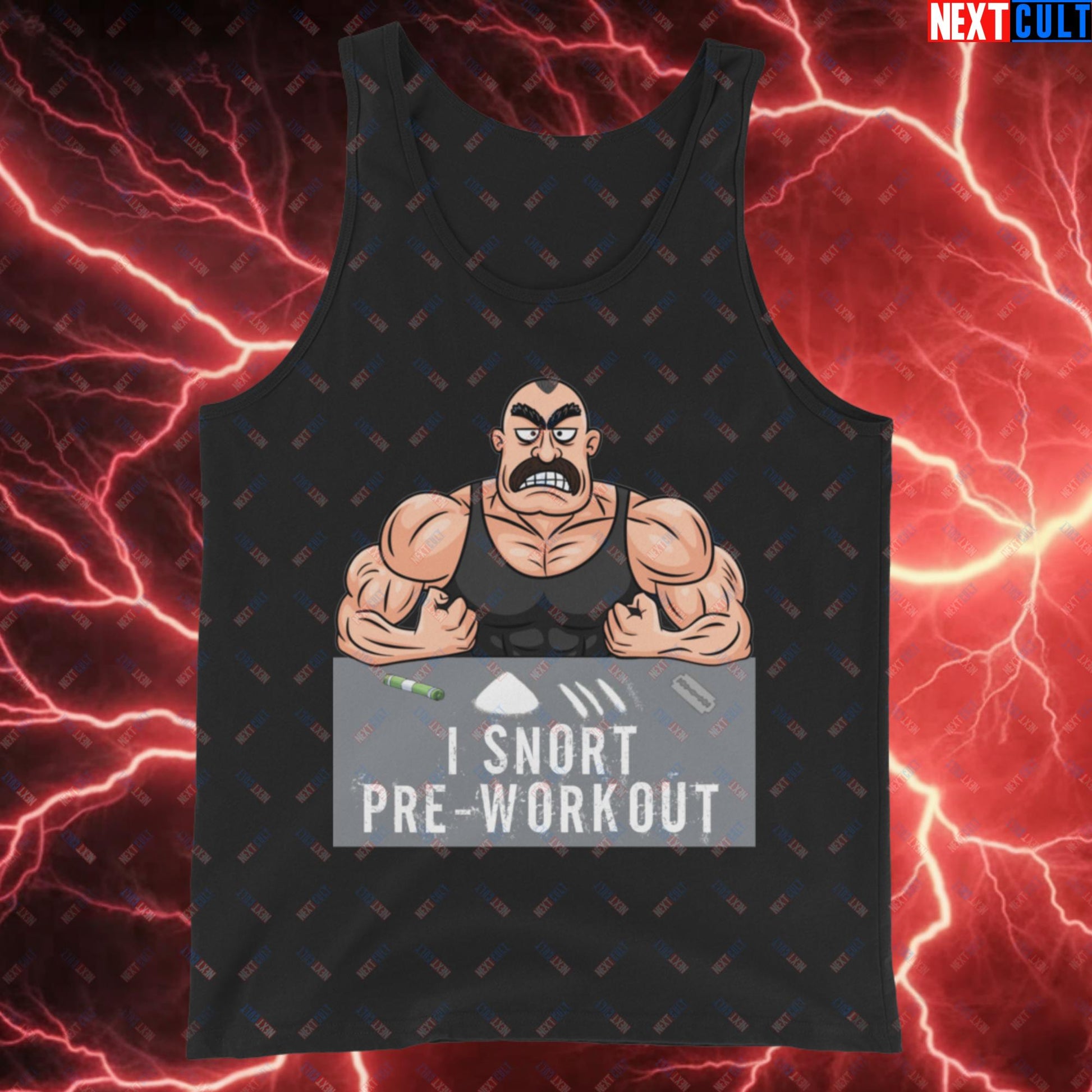 I Snort Pre-workout Gym Bro Fitness Bodybuilding Workout Weightlifting Powerlifting Funny Meme Cartoon Tank Top Black Tank Tops Fitness Gym Workout Next Cult Brand