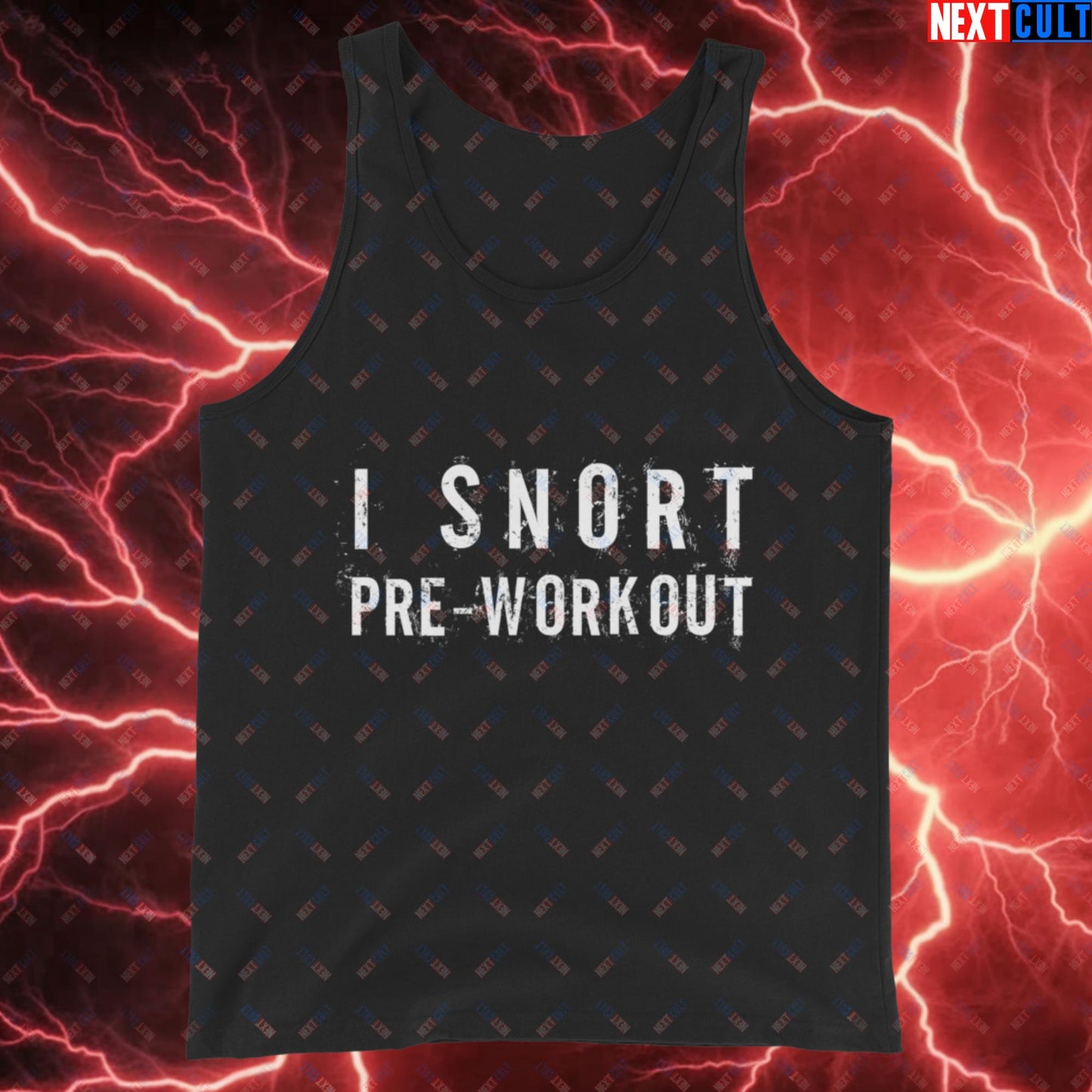 I Snort Pre-workout Gym Bro Fitness Bodybuilding Workout Weightlifting Powerlifting Funny Meme Tank Top Black Tank Tops Fitness Gym Workout Next Cult Brand