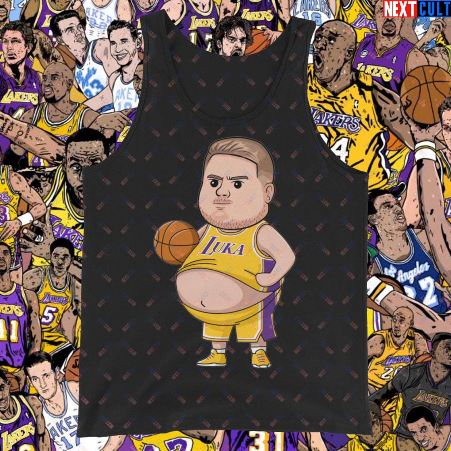 Fat Luka Doncic Los Angeles Lakers NBA Basketball Funny Meme Cartoon Tank Top Black Tank Tops Basketball Los Angeles Lakers Luka Doncic NBA Next Cult Brand