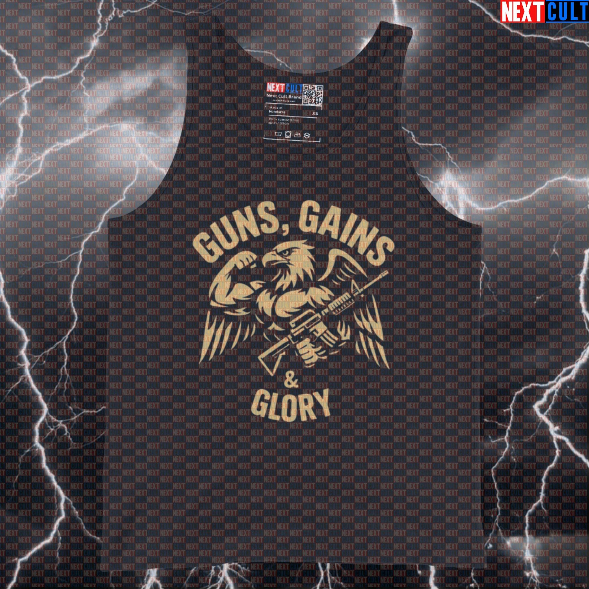 Guns Gains Glory Funny Gym Tank Top | Patriotic Eagle Muscle Shirt For Lifters | Workout Fitness Meme Vest Tank Tops 4th of July Bodybuilding Fitness Gym Powerlifting Workout Next Cult Brand