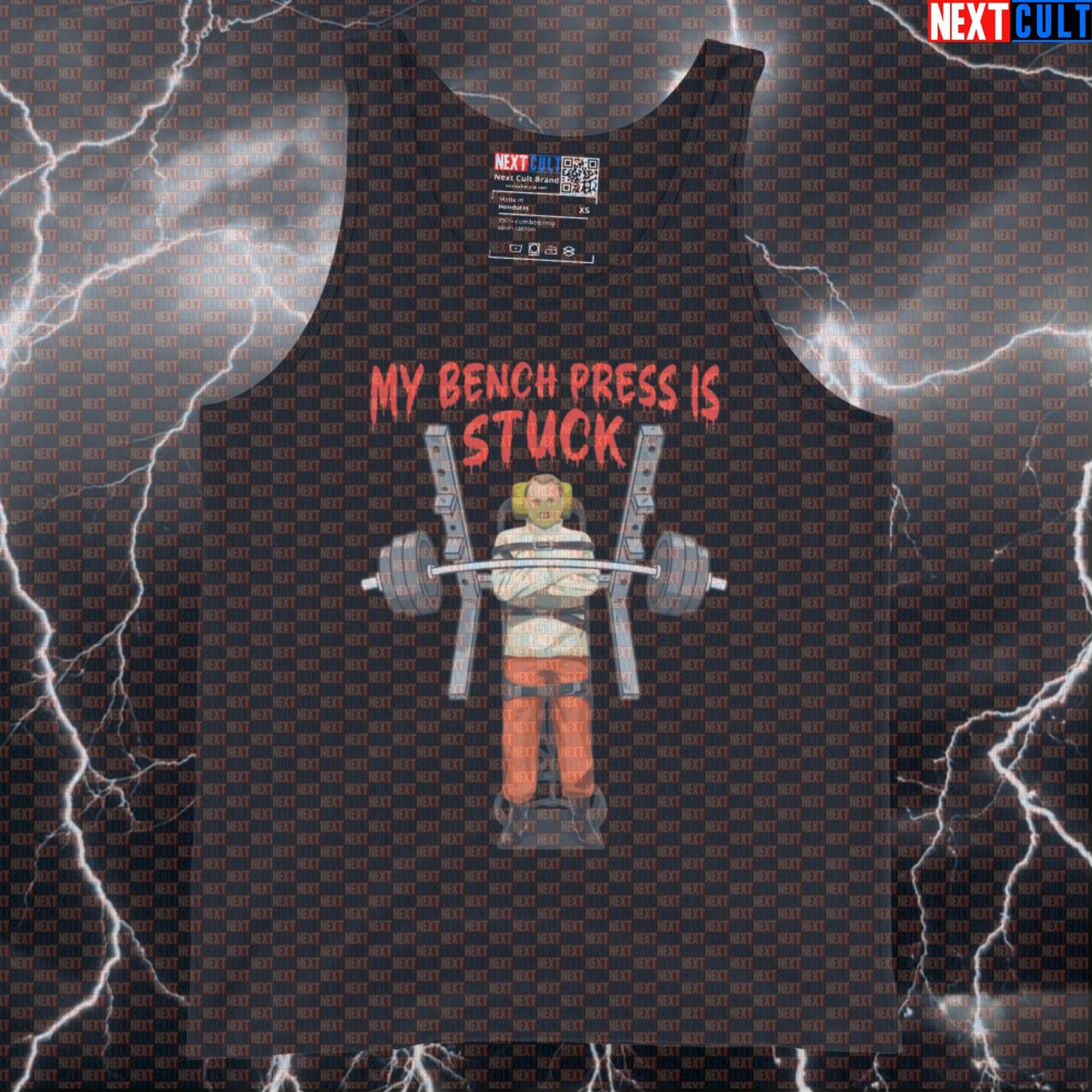 My Bench Press Is Stuck Funny Gym Tank Top | Horror Movie Meme Muscle Shirt | Scary Workout Vest For Lifters Bodybuilding Films Fitness Gym Halloween Powerlifting Workout Next Cult Brand