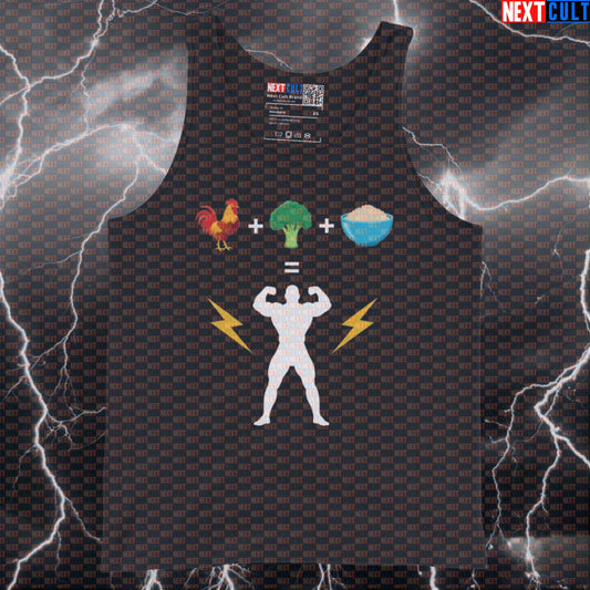 Powered By Chicken Broccoli Rice Tank Top | Funny Gym Bro Muscle Shirt | Fitness Meme Athletic Shirt Tank Tops Bodybuilding Fast Food Fitness Gym Workout Next Cult Brand