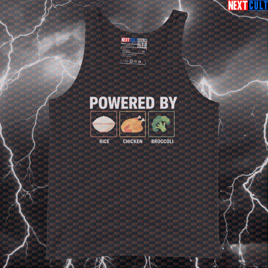 Powered By Rice Chicken Broccoli Tank Top | Funny Gym Bro Diet Muscle Shirt | Bodybuilding Workout Vest Tank Tops Bodybuilding Fast Food Fitness Gym Workout Next Cult Brand