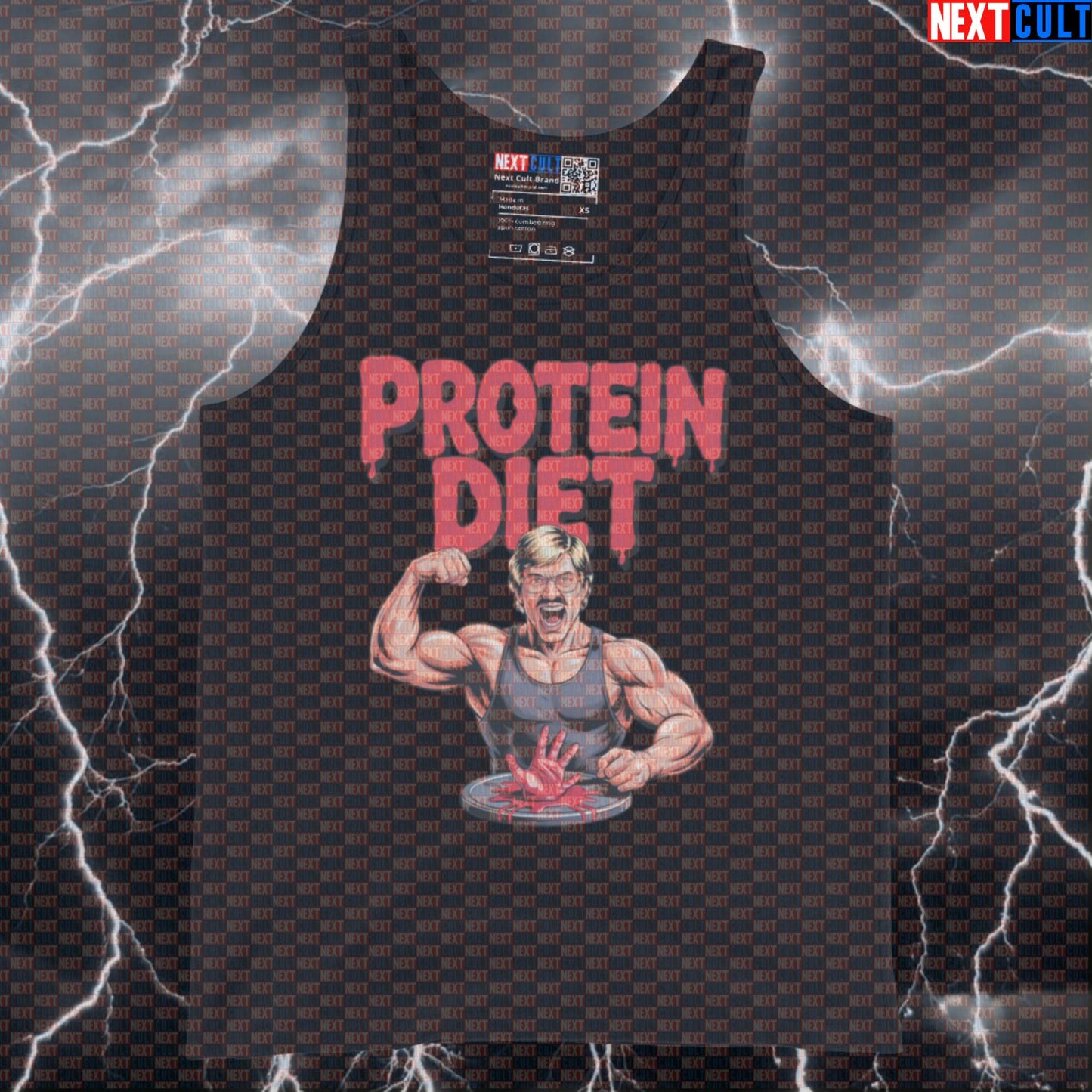 Funny Protein Diet Gym Tank Top | Dark Humor Muscle Shirt For Lifters | Edgy Workout Vest Tank Tops Bodybuilding Fast Food Films Fitness Gym Halloween Workout Next Cult Brand