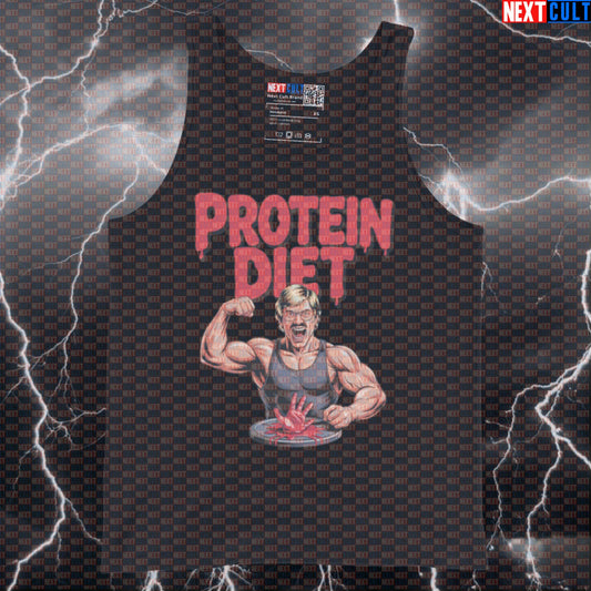Funny Protein Diet Gym Tank Top | Dark Humor Muscle Shirt For Lifters | Edgy Workout Vest Tank Tops Bodybuilding Fast Food Films Fitness Gym Halloween Workout Next Cult Brand
