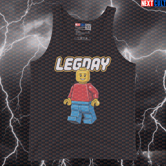 Leg Day Gains Funny Gym Tank Top | LEGO Inspired Muscle Shirt For Squats & Deadlifts | Workout Vest Tank Tops Bodybuilding Fitness Gym Leg Day LEGO Powerlifting Workout Next Cult Brand