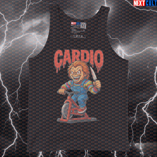 Cardio Is A Horror Show Gym Tank Top | Funny Chucky Spin Class Muscle Shirt Tank Tops Cardio Films Fitness Gym Halloween Workout Next Cult Brand