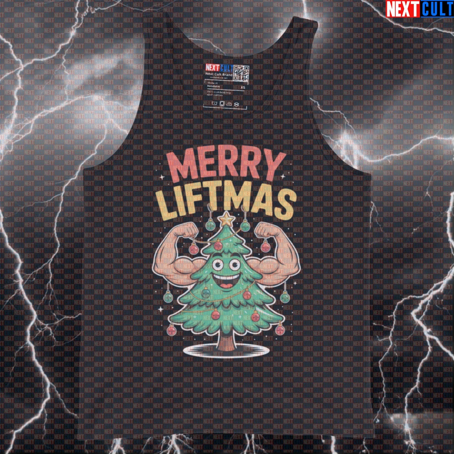 Merry Liftmas Funny Gym Tank Top | Jacked Christmas Tree Muscle Shirt | Festive Workout Vest Bodybuilding Christmas Fitness Gym Powerlifting Workout Next Cult Brand
