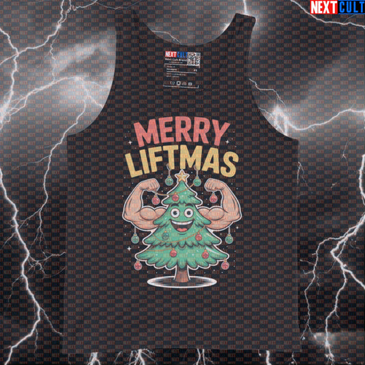 Merry Liftmas Funny Gym Tank Top | Jacked Christmas Tree Muscle Shirt | Festive Workout Vest Bodybuilding Christmas Fitness Gym Powerlifting Workout Next Cult Brand
