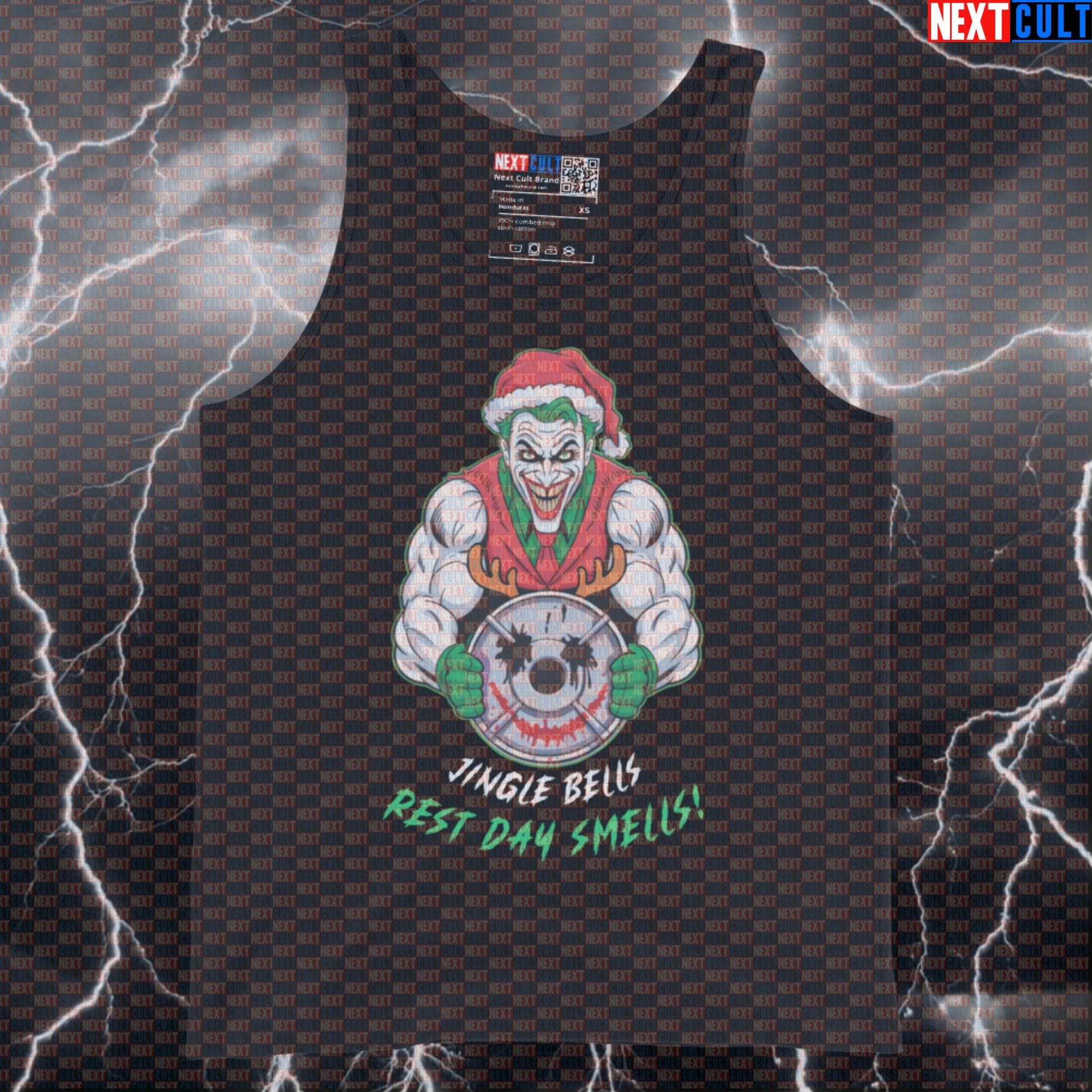 Funny Jacked Joker Gym Tank Top | Christmas Jingle Bells Rest Day Smells Muscle Shirt | Festive Workout Vest Bodybuilding Christmas Films Fitness Gym Joker Powerlifting Superheroes Workout Next Cult Brand