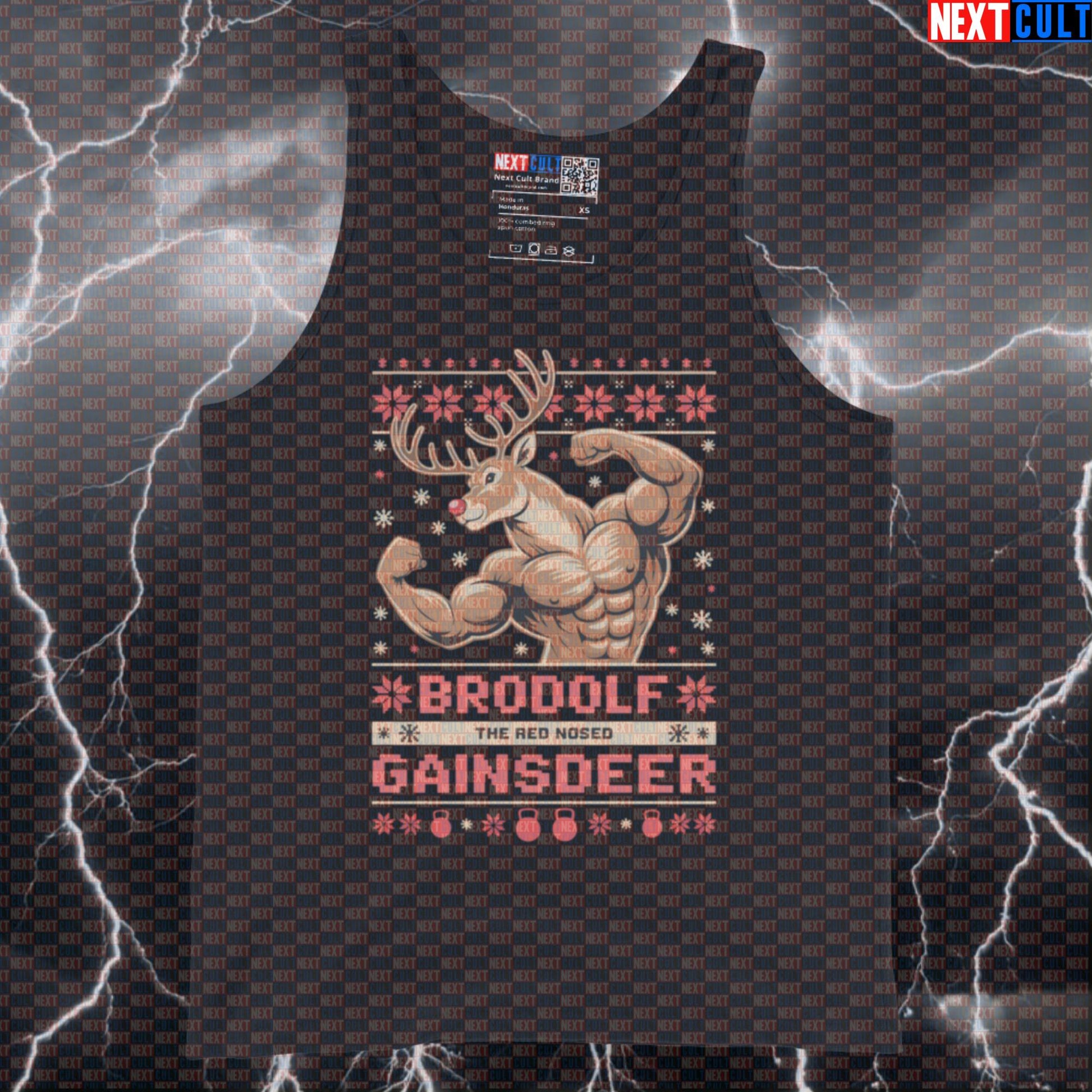 Brodolf The Red-Nosed Gainsdeer Funny Gym Tank Top | Christmas Workout Meme Muscle Shirt | Festive Vest Tank Tops Bodybuilding Christmas Fitness Gym Workout Next Cult Brand