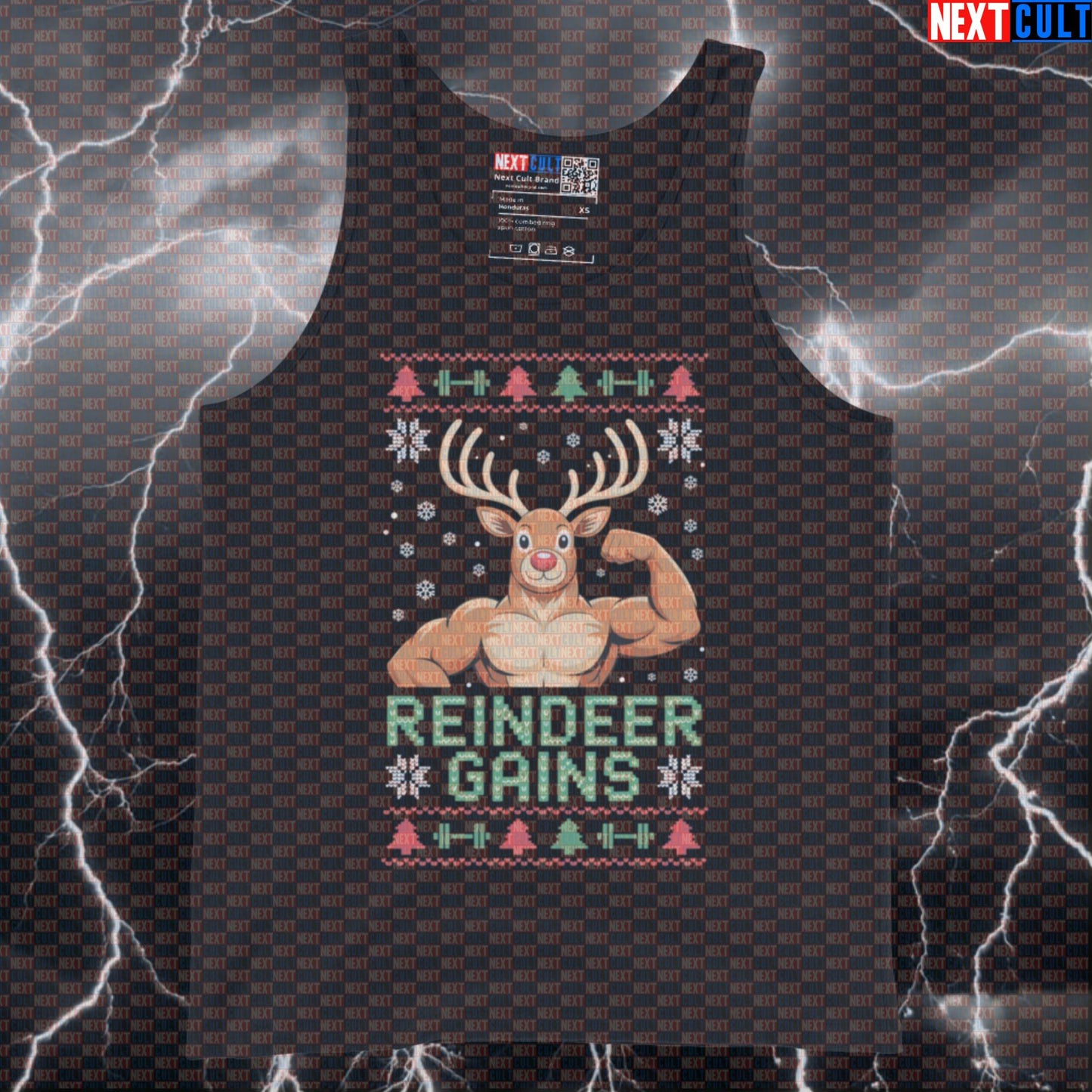 Reindeer Gains Funny Christmas Gym Tank Top - Festive Fitmas Workout Vest Muscle Shirt Tank Tops Bodybuilding Christmas Fitness Gym Workout Next Cult Brand