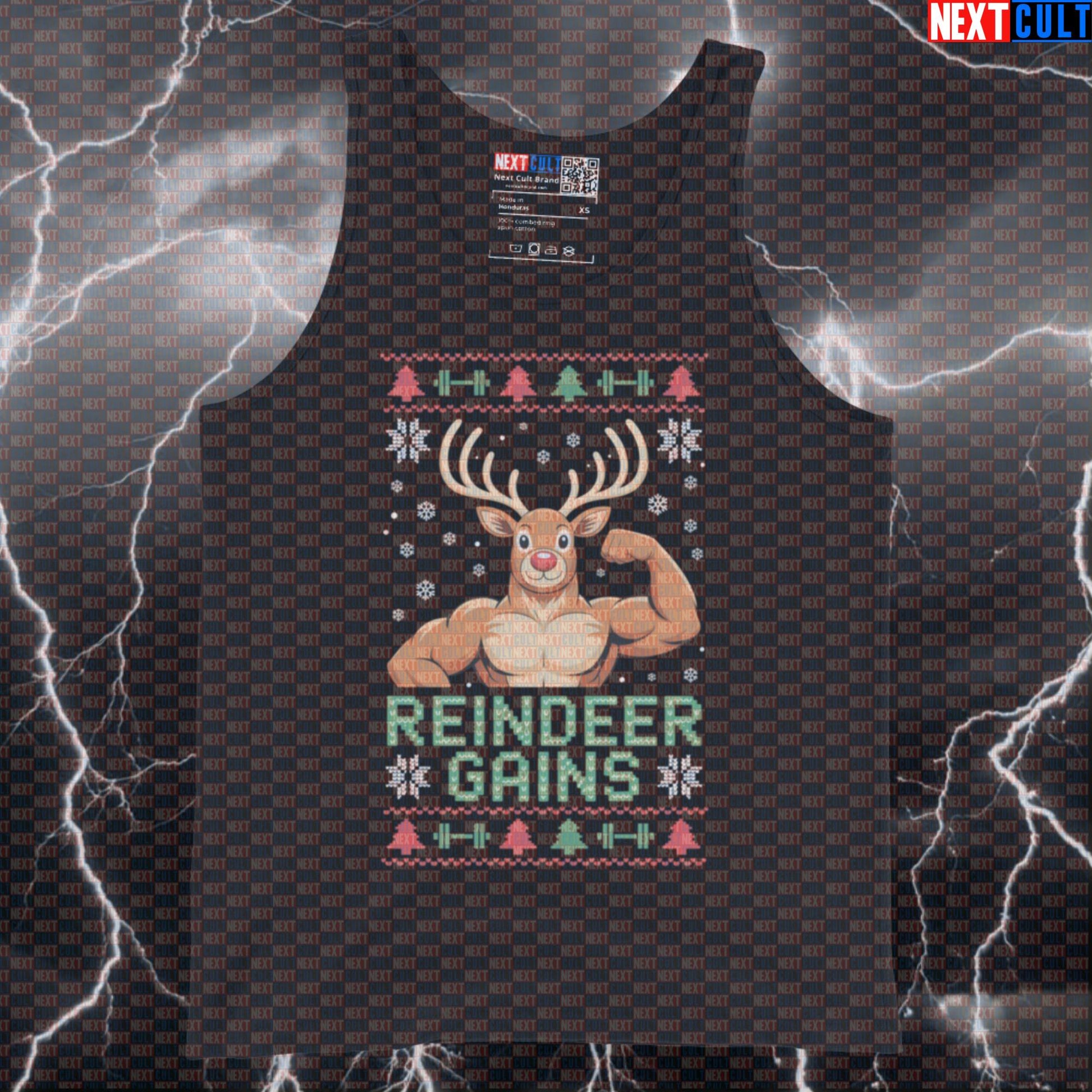 Reindeer Gains Funny Christmas Gym Tank Top - Festive Fitmas Workout Vest Muscle Shirt Tank Tops Bodybuilding Christmas Fitness Gym Workout Next Cult Brand