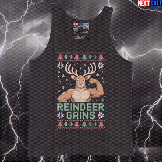 Reindeer Gains Funny Christmas Gym Tank Top - Festive Fitmas Workout Vest Muscle Shirt Tank Tops Bodybuilding Christmas Fitness Gym Workout Next Cult Brand