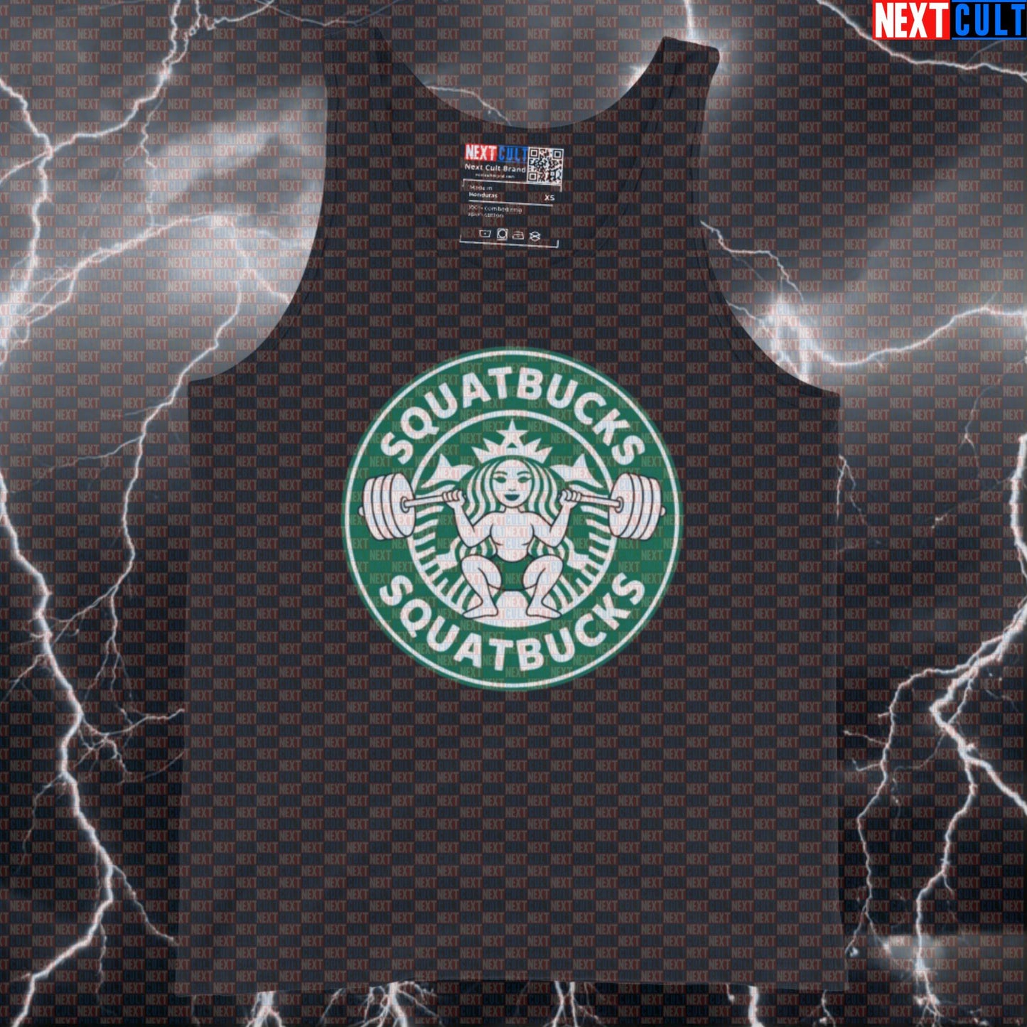 Squatbucks Gym Tank Top | Funny Starbucks Parody Muscle Shirt | Leg Day Workout Vest For Lifters Bodybuilding Coffee Fast Food Fitness Gym Leg Day Powerlifting Workout Next Cult Brand
