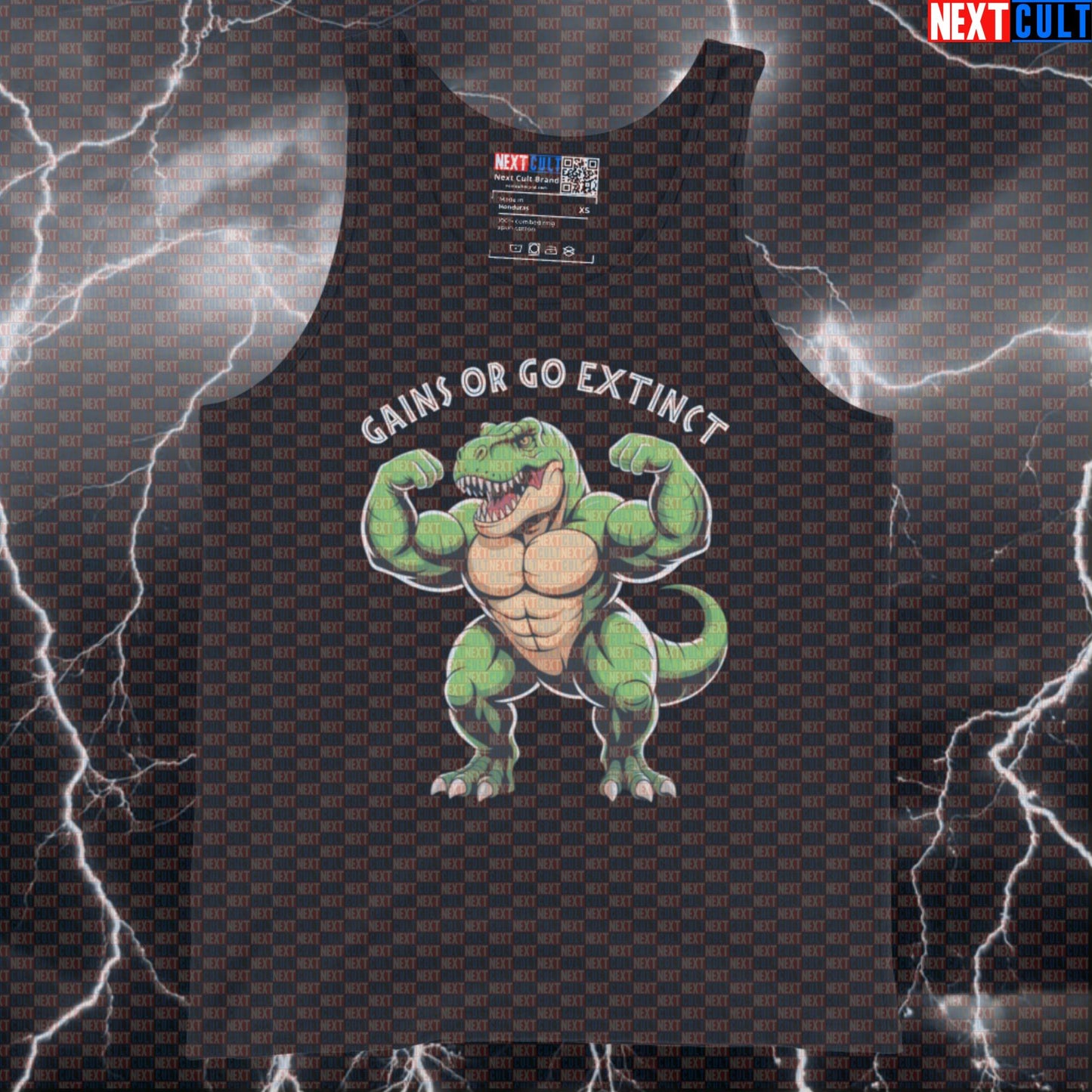 Gains Or Go Extinct Gym Tank Top | Funny Dinosaur T-Rex Muscle Shirt For Lifters | Fitness Meme Vest Bodybuilding Films Fitness Gym Workout Next Cult Brand