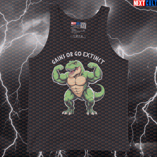 Gains Or Go Extinct Gym Tank Top | Funny Dinosaur T-Rex Muscle Shirt For Lifters | Fitness Meme Vest Bodybuilding Films Fitness Gym Workout Next Cult Brand