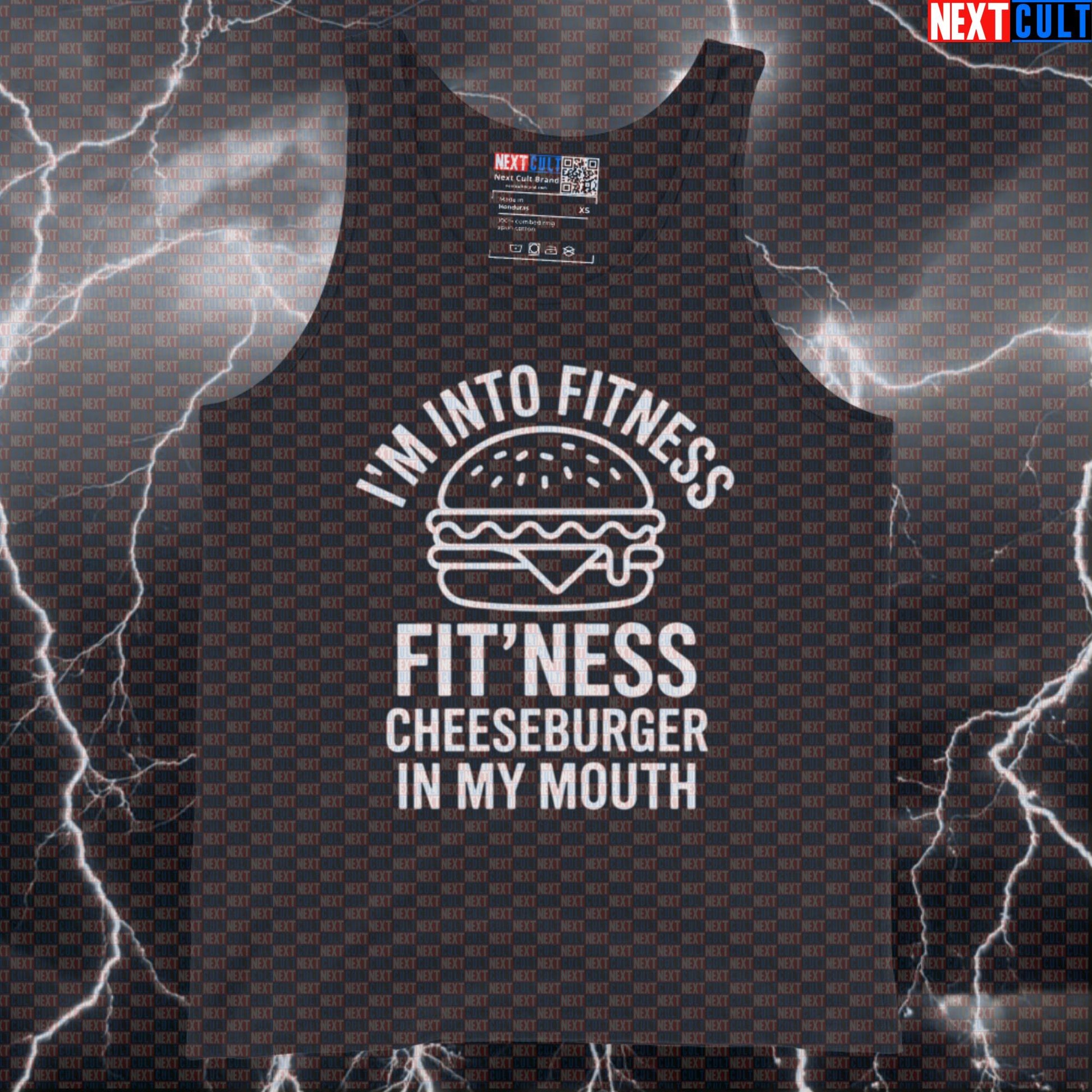 I'm Into Fitness Fitness Cheeseburger In My Mouth Funny Gym Tank Top - Burger Meme Vest Muscle Shirt Tank Tops Bulking Fast Food Fitness Gym Workout Next Cult Brand