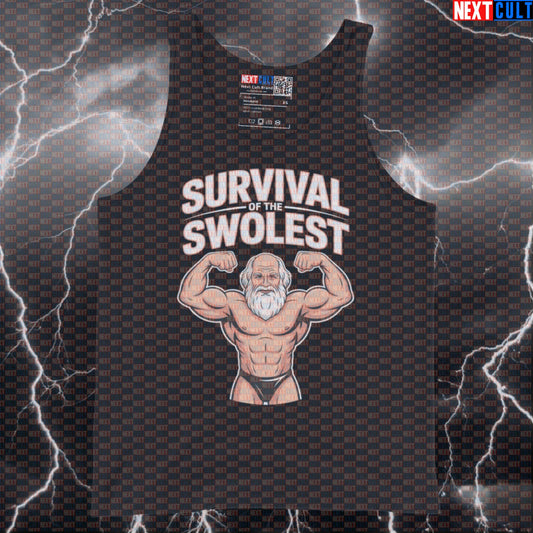 Survival of the Swolest Funny Gym Tank Top - Swole Darwin Evolution Vest Muscle Shirt Bodybuilding Books Fitness Gym Workout Next Cult Brand