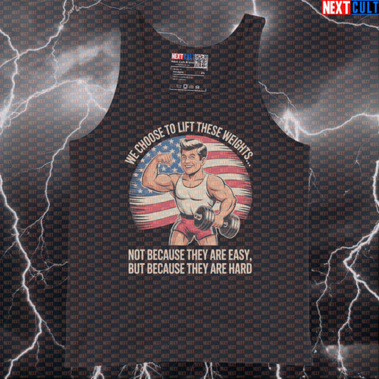 JFK We Choose To Lift Funny Gym Tank Top - Patriotic Workout Vest Muscle Shirt 4th of July Bodybuilding Fitness Gym JFK Powerlifting Workout Next Cult Brand