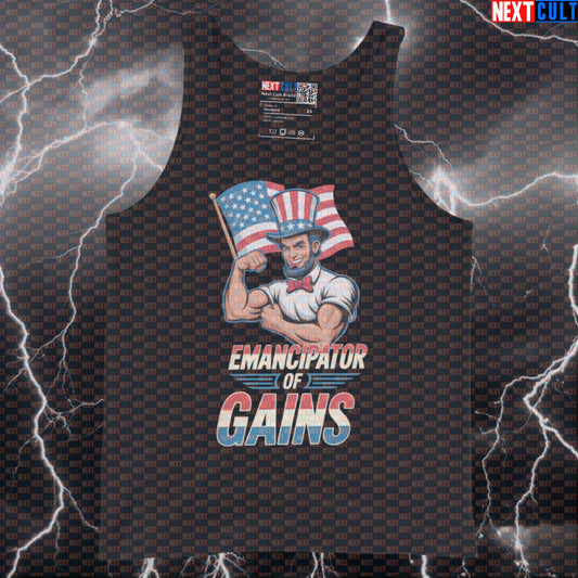 Funny Patriotic Gym Tank Top - Emancipator of Gains Abraham Lincoln Muscle Shirt for Workouts Tank Tops Next Cult Brand
