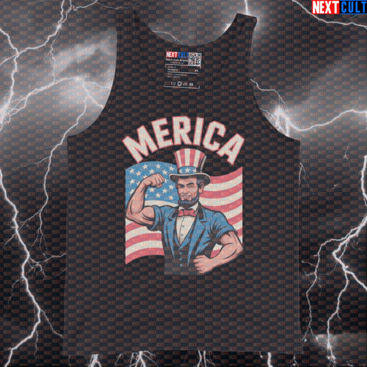 Merica Funny Abraham Lincoln 4th of July Gym Tank Top - Patriotic Workout Vest Muscle Shirt Tank Tops Next Cult Brand