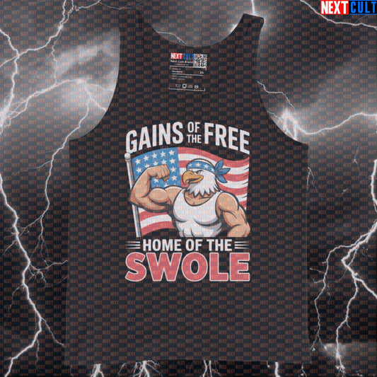 Gains of the Free Home of the Swole Patriotic Gym Tank Top - Funny 4th of July Muscle Shirt Vest Tank Tops 4th of July Bodybuilding Fitness Gym Workout Next Cult Brand