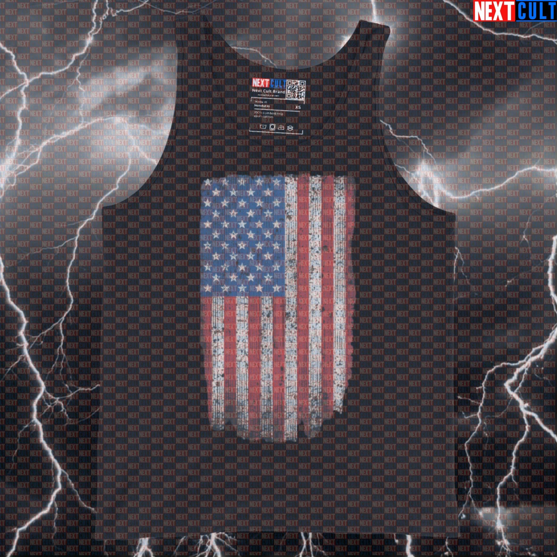 Distressed American Flag Gym Tank Top - Funny Patriotic Muscle Shirt for 4th of July & Workout Gains Tank Tops Next Cult Brand