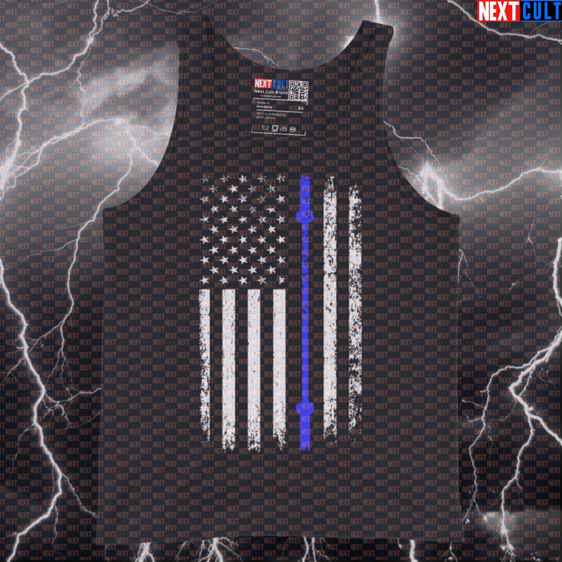 Thin Blue Line Barbell Flag Muscle Tank Top | Patriotic Police Tribute Funny Gym Vest & Workout Top Tank Tops 4th of July Fitness Gym Powerlifting Workout Next Cult Brand