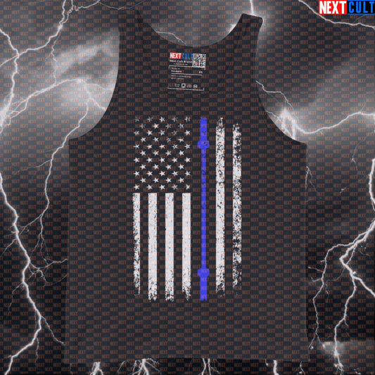 Thin Blue Line Barbell Flag Muscle Tank Top | Patriotic Police Tribute Funny Gym Vest & Workout Top Tank Tops 4th of July Fitness Gym Powerlifting Workout Next Cult Brand