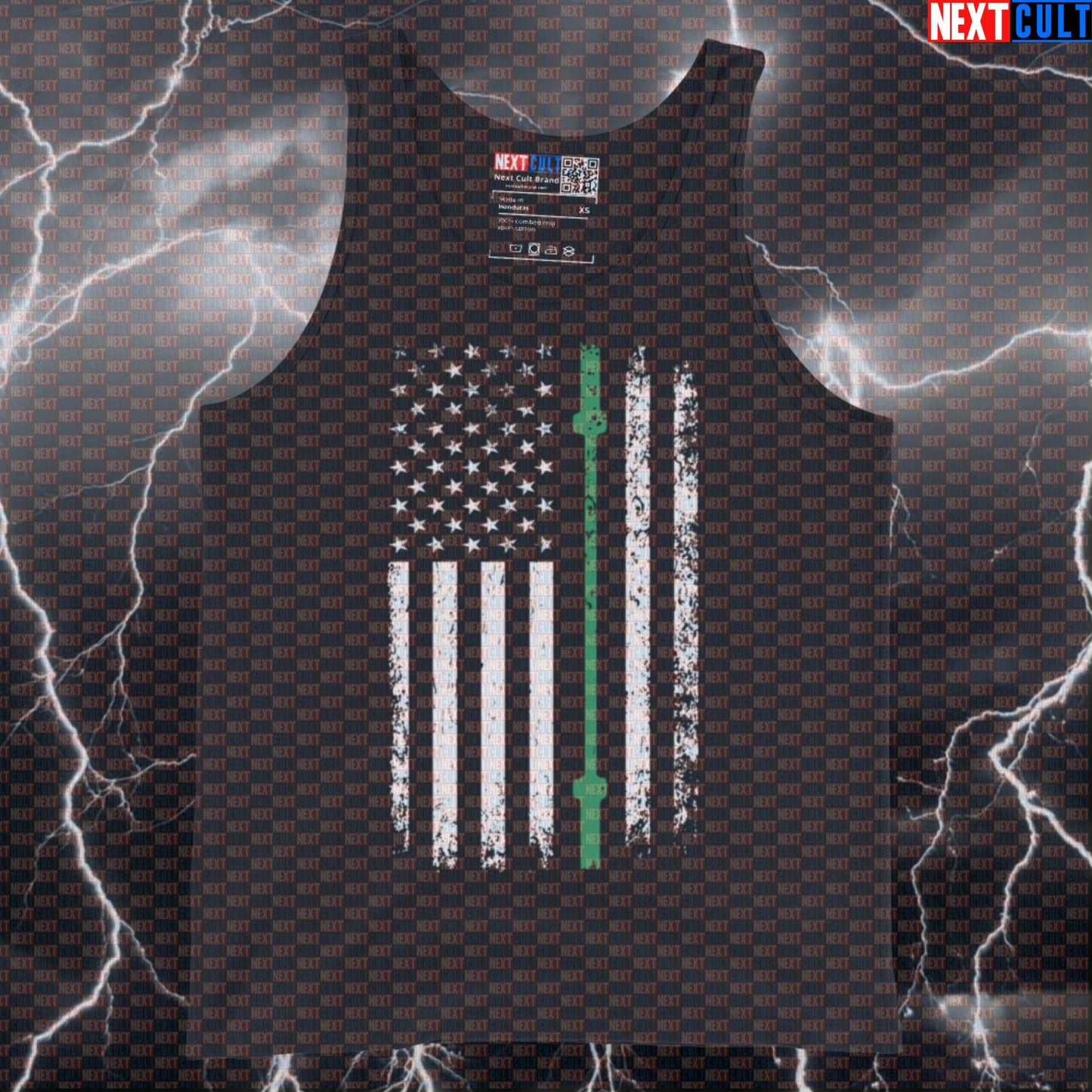 Thin Green Line Barbell Flag Tank Top | Patriotic Muscle Shirt for Gym & Military Support Tank Tops 4th of July Fitness Gym Powerlifting Workout Next Cult Brand