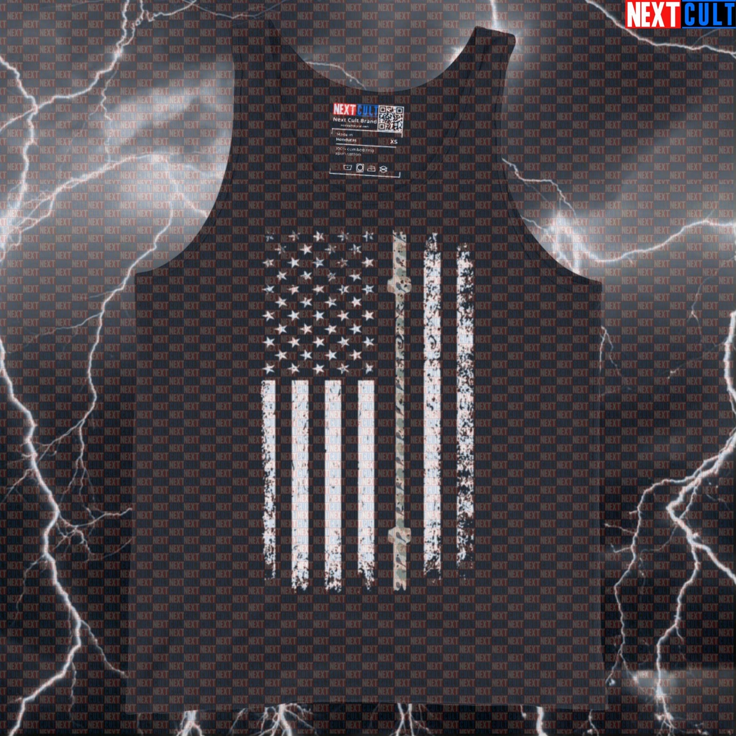 Thin Line Lifter Flag Camo Barbell Muscle Shirt | Patriotic Workout & Gym Tank Top Tank Tops 4th of July Fitness Gym Powerlifting Workout Next Cult Brand