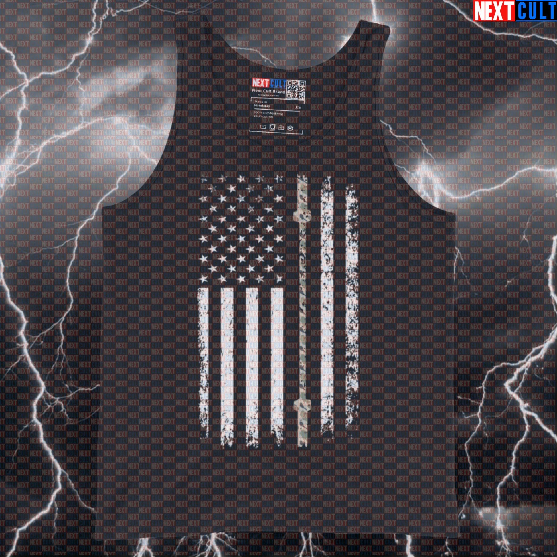 Thin Line Lifter Flag Camo Barbell Muscle Shirt | Patriotic Workout & Gym Tank Top Tank Tops 4th of July Fitness Gym Powerlifting Workout Next Cult Brand
