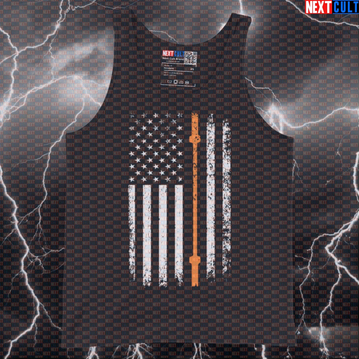 Muscle Tank with Thin Orange Line Barbell Flag | SAR Tribute Patriotic Gym Tank Top Tank Tops 4th of July Fitness Gym Powerlifting Workout Next Cult Brand