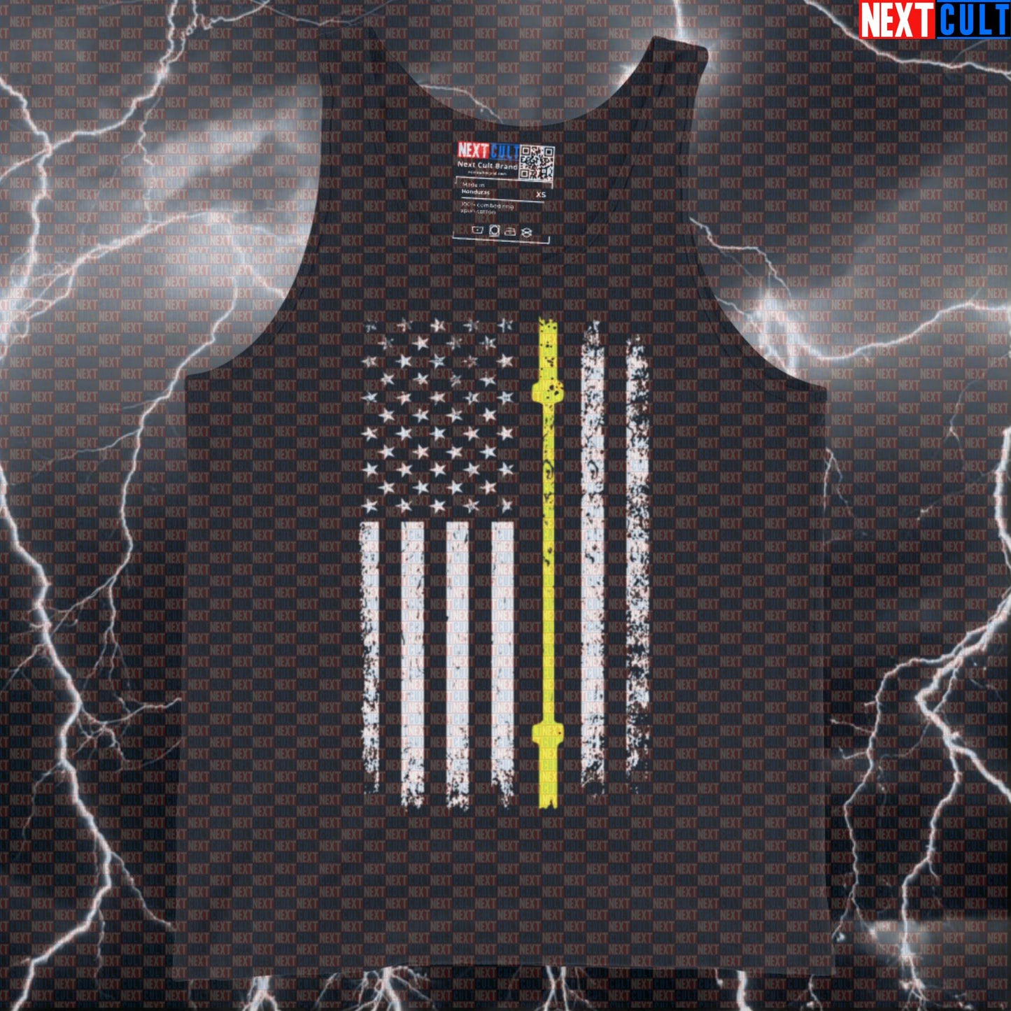 Muscle Tank Top With Thin Yellow Line Barbell Flag | Patriotic Workout Vest For Lifters Tank Tops 4th of July Fitness Gym Powerlifting Workout Next Cult Brand